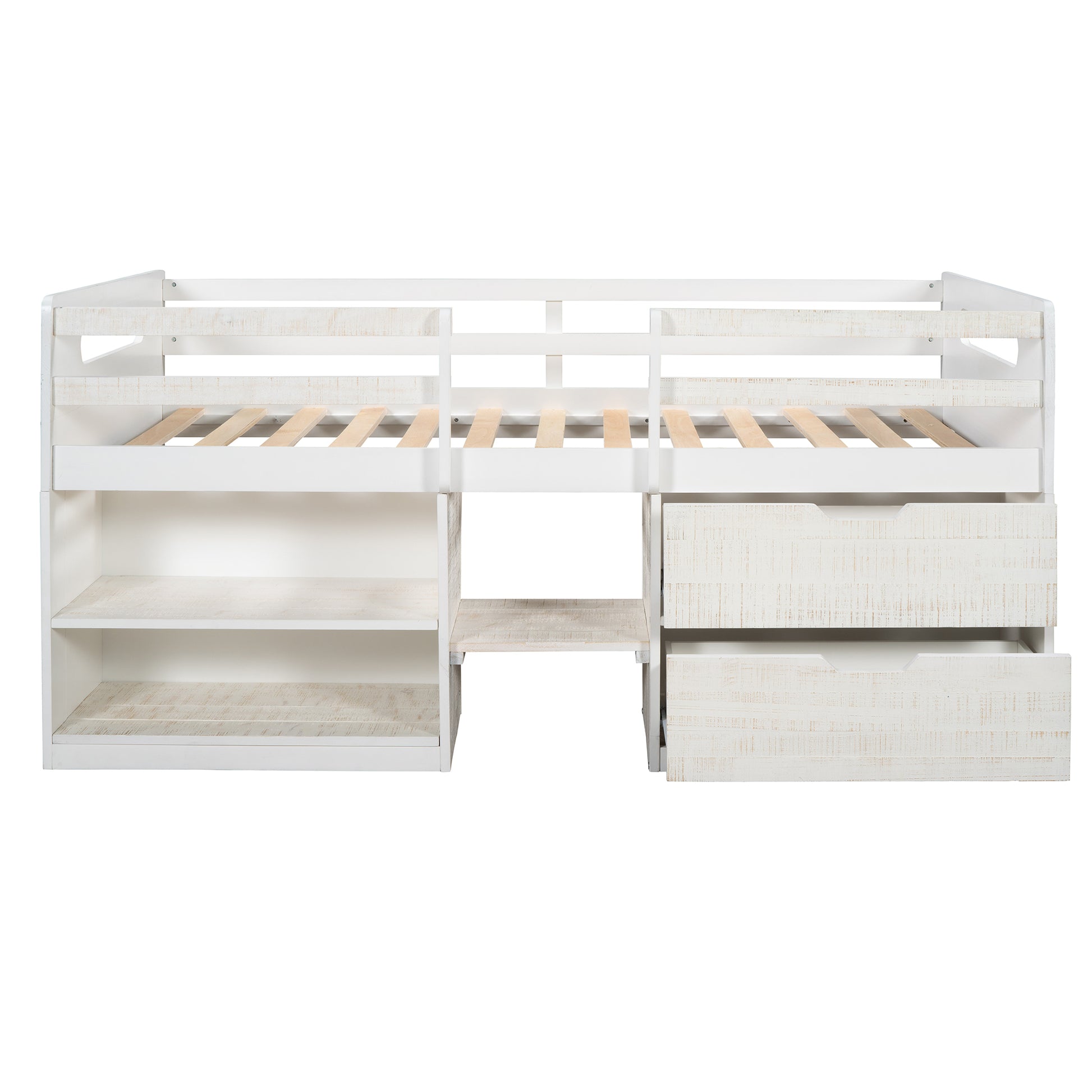 Twin Size Loft Bed With Two Shelves And Two Drawers Antique White Antique White Solid Wood