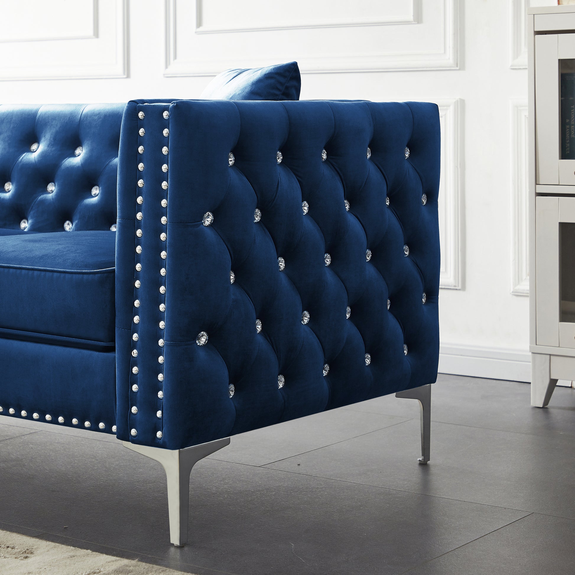 82.3" Width Modern Velvet Sofa Jeweled Buttons Tufted Square Arm Couch Blue,2 Pillows Included Blue Velvet