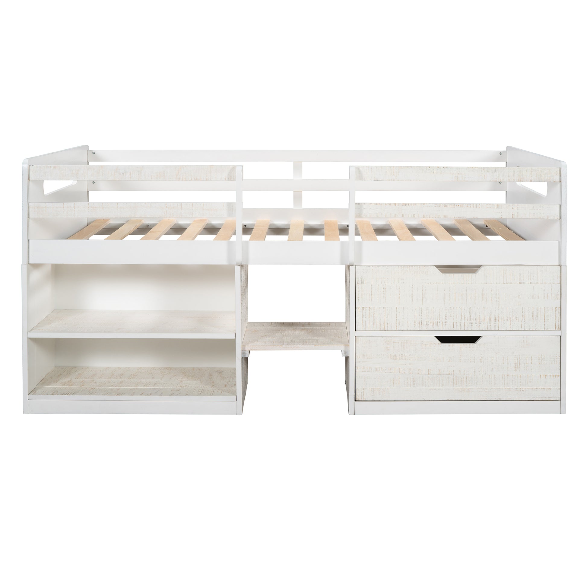 Twin Size Loft Bed With Two Shelves And Two Drawers Antique White Antique White Solid Wood