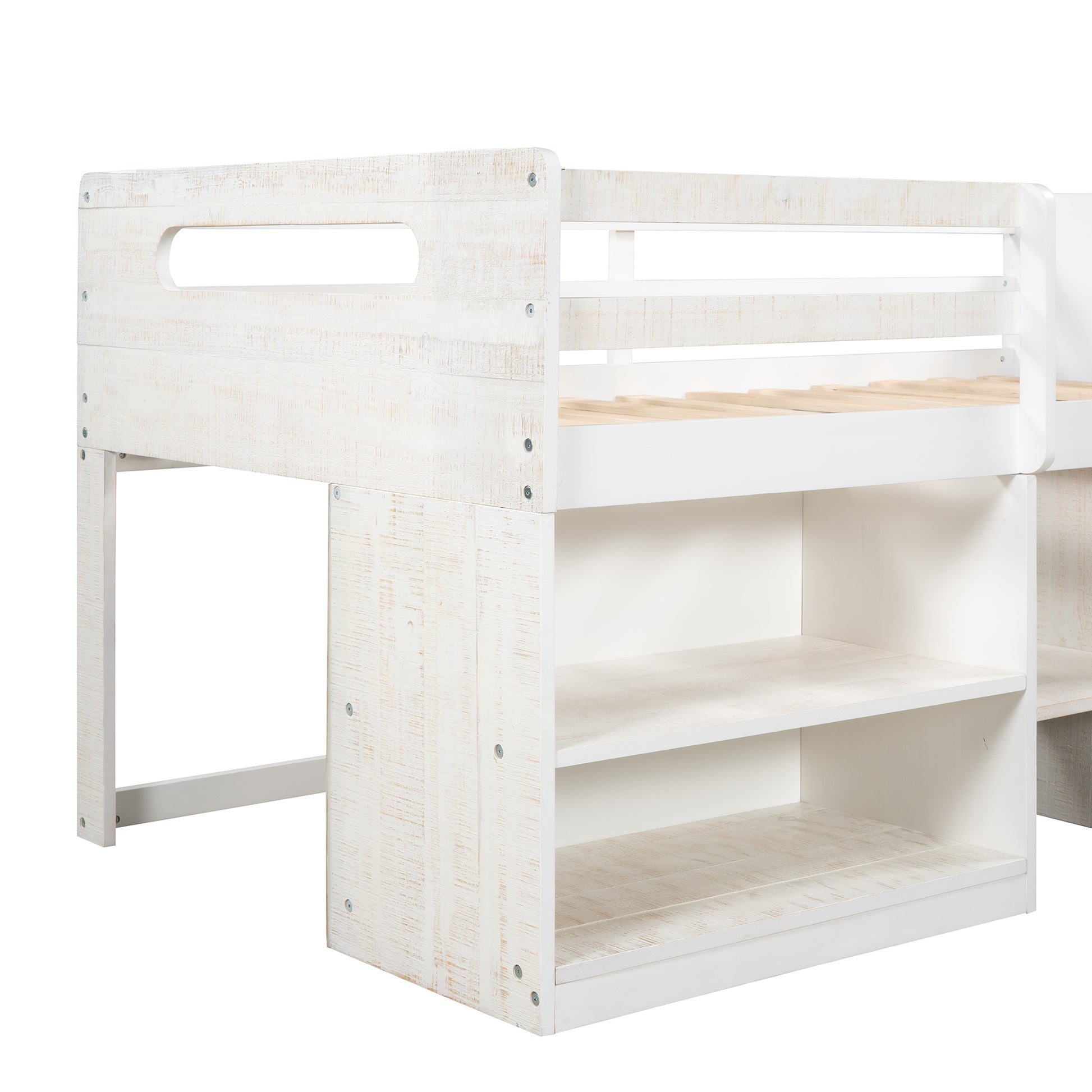 Twin Size Loft Bed With Two Shelves And Two Drawers Antique White Antique White Solid Wood