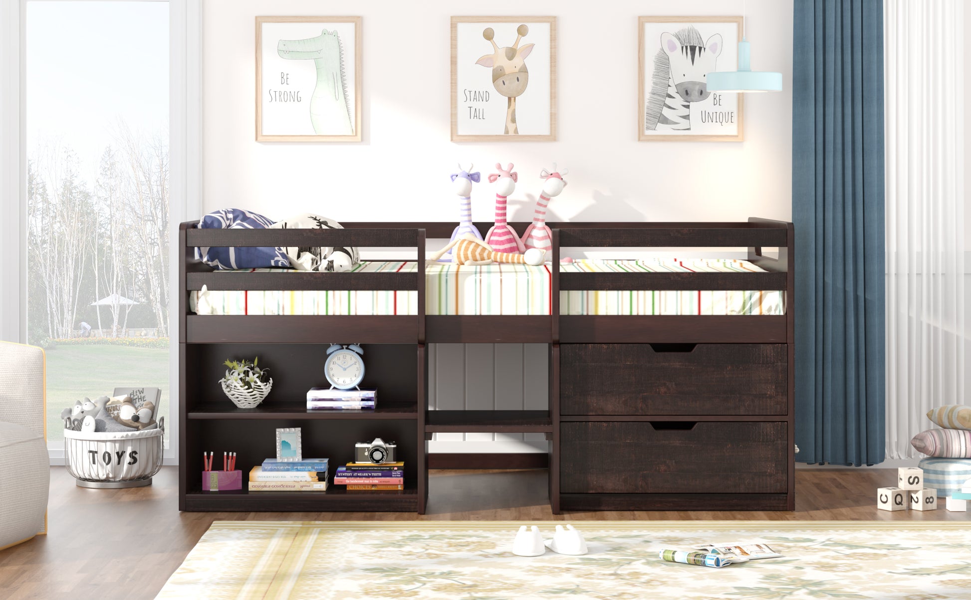 Twin Size Loft Bed With Two Shelves And Two Drawers Antique Espresso Antique Espresso Solid Wood