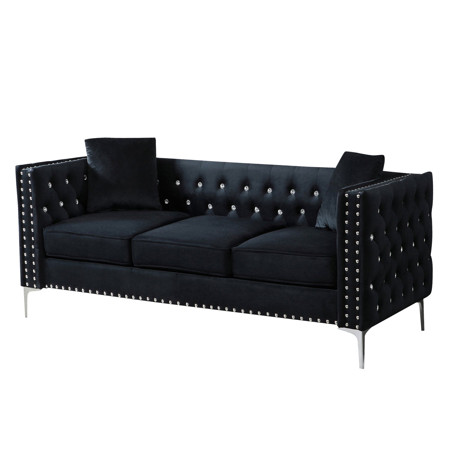 82.3" Width Modern Velvet Sofa Jeweled Buttons Tufted Square Arm Couch Black,2 Pillows Included Black Velvet