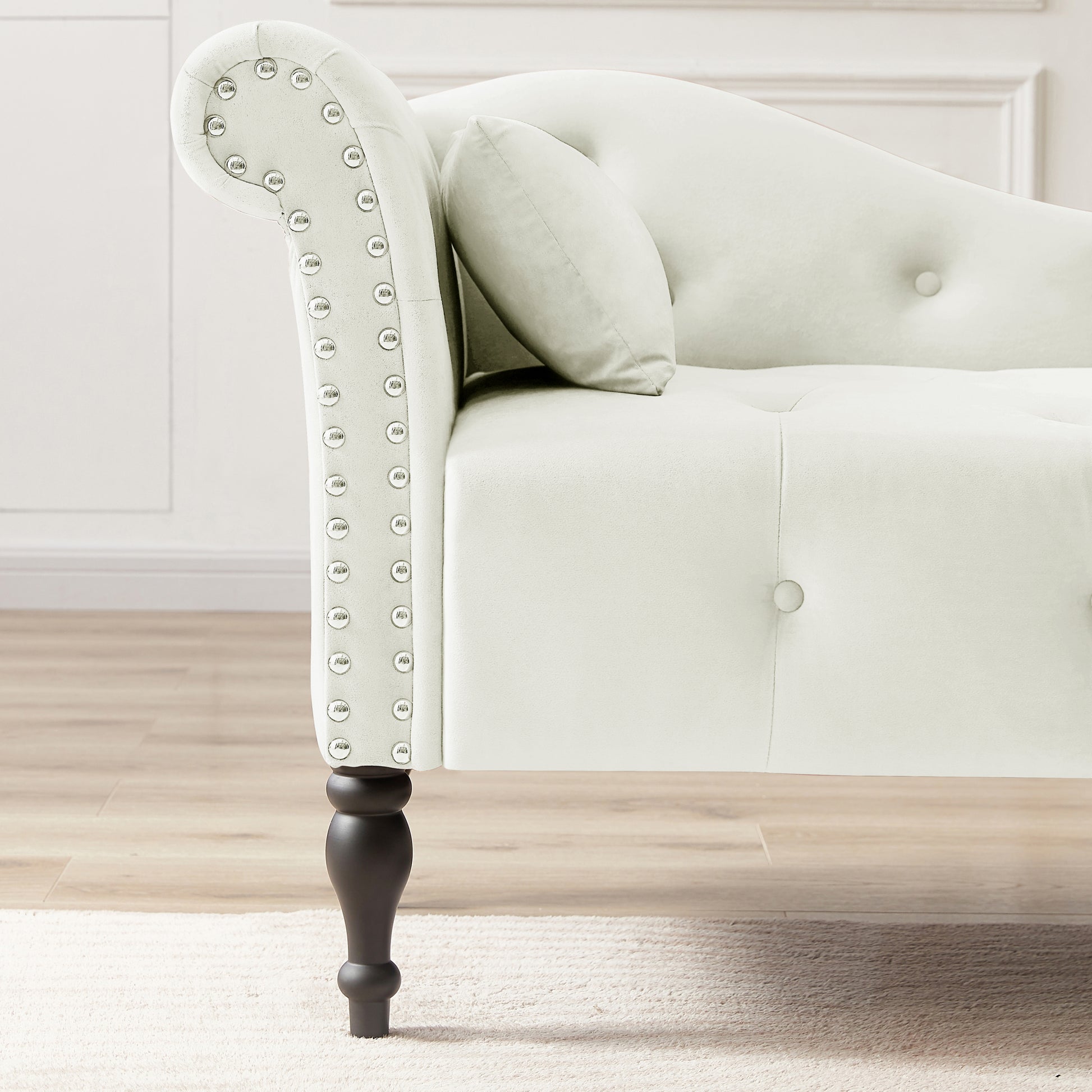 Aijia 60.6" Velvet Chaise Lounge Buttons Tufted Trimmed Solid Wood Legs With 1 Pillow,White Left Arm Design As Shown In The Picture White Velvet