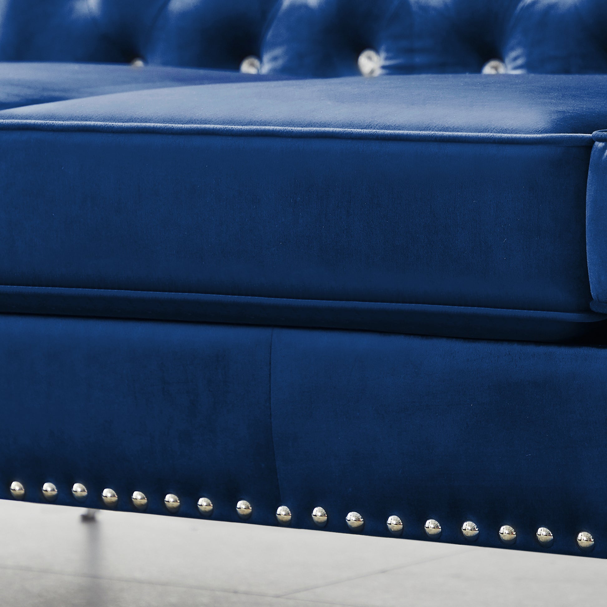 59.4 Inch Wide Blue Velvet Sofa With Jeweled Buttons,Square Arm ,2 Pillows Blue Velvet