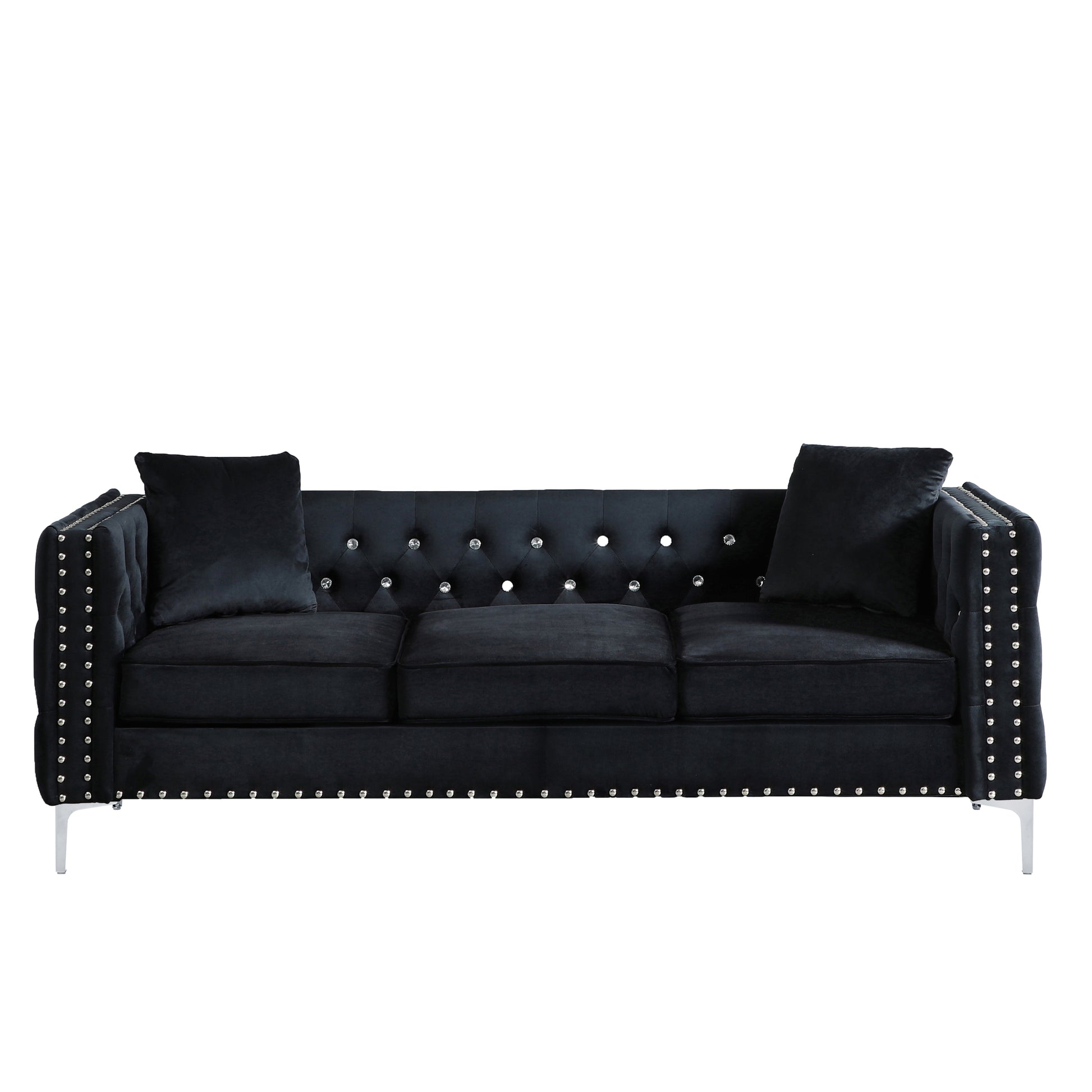 2 Piece Modern Velvet Living Room Set With Sofa And Loveseat,Jeweled Button Tufted Copper Nails Square Arms Black,4 Pillows Included Black Velvet 5 Seat