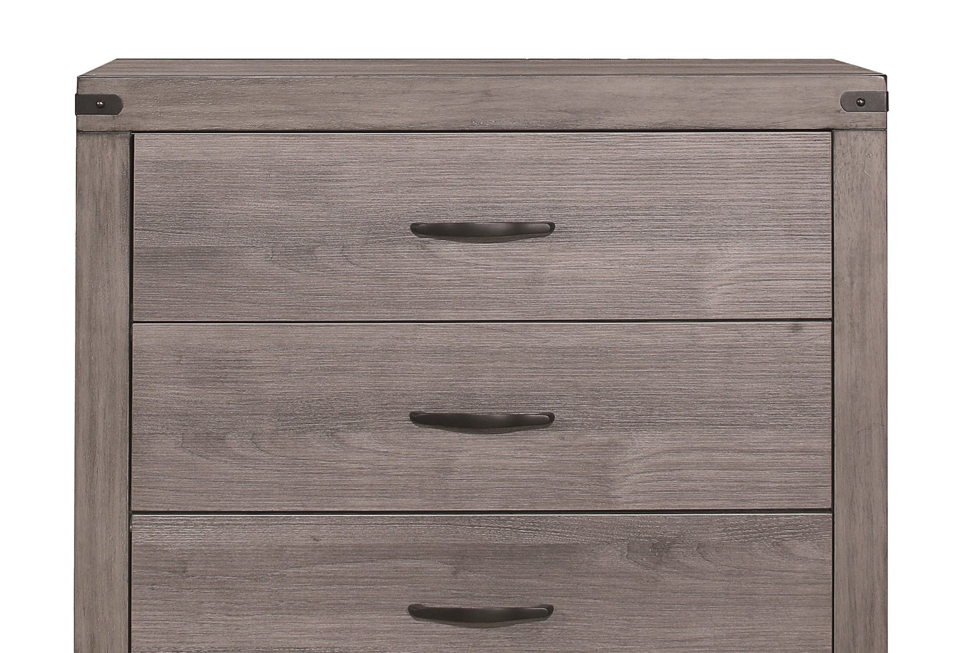 Brownish Gray Finish 1Pc Bedroom Chest Of 5 Drawers Melamine Laminate Dark Metal Hardware Corner Rivets Brown Gray Bedroom Wood