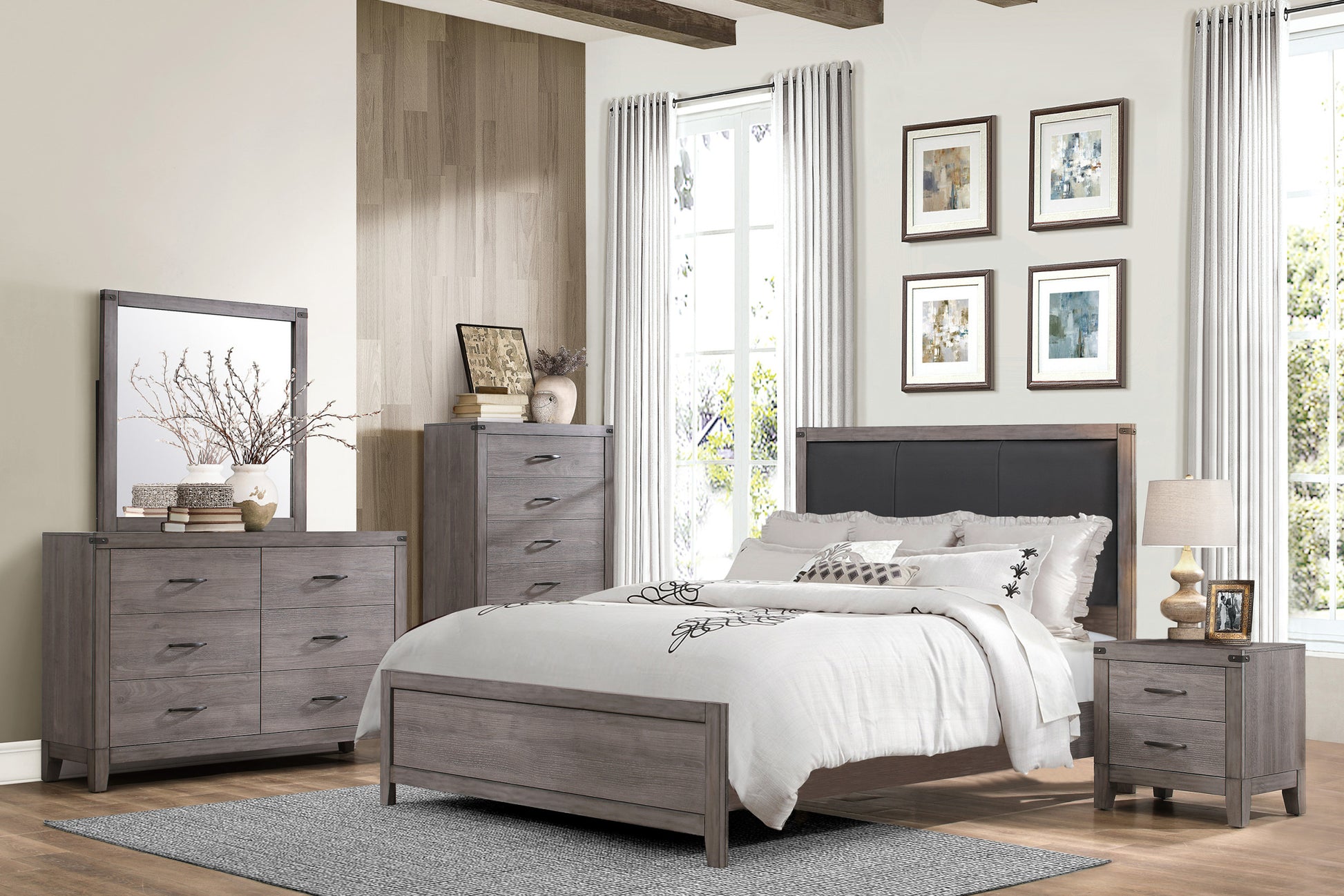 Brownish Gray Finish 1Pc Queen Bed Black Faux Leather Upholstered Headboard Casual Style Bedroom Furniture Box Spring Required Queen Brown Gray Wood Bedroom Casual,Industrial Wood