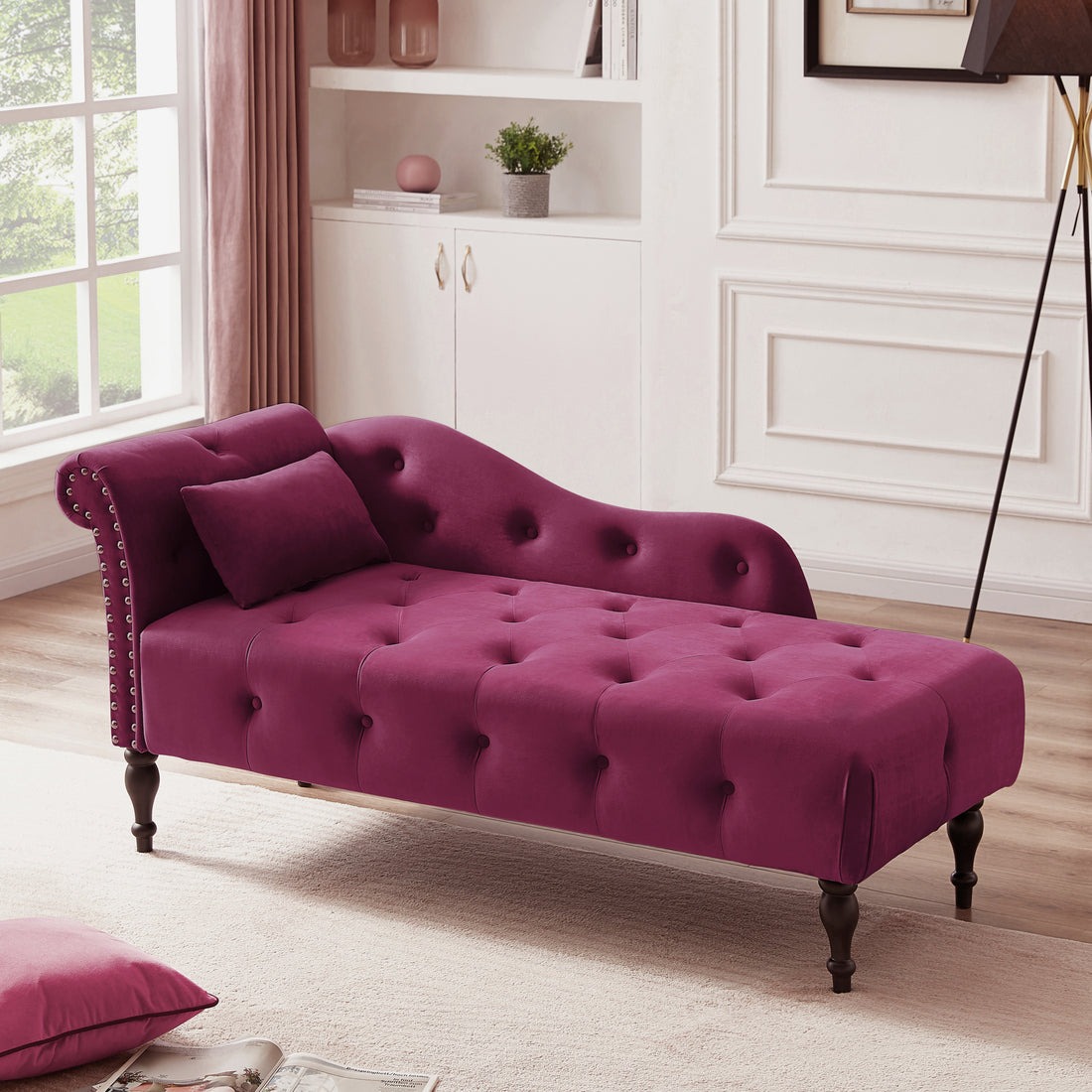 Aijia 60.6" Velvet Chaise Lounge Buttons Tufted Trimmed Solid Wood Legs With 1 Pillow,Burdy Left Arm Design As Shown In The Picture Burgundy Velvet