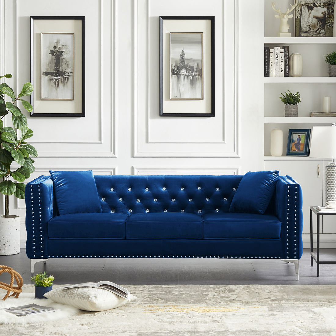 82.3" Width Modern Velvet Sofa Jeweled Buttons Tufted Square Arm Couch Blue,2 Pillows Included Blue Velvet