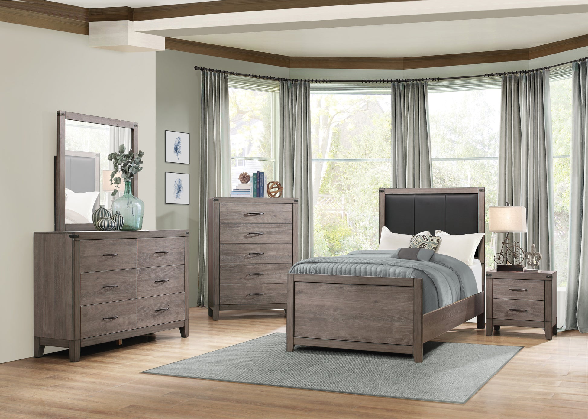 Brownish Gray Finish 1Pc Bedroom Chest Of 5 Drawers Melamine Laminate Dark Metal Hardware Corner Rivets Brown Gray Bedroom Wood