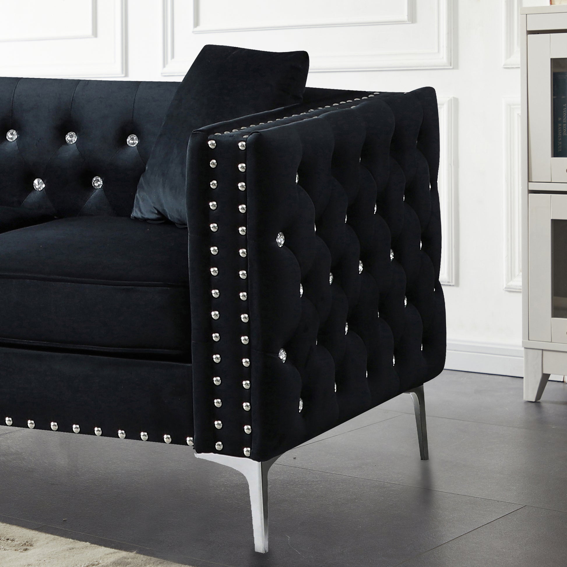 82.3" Width Modern Velvet Sofa Jeweled Buttons Tufted Square Arm Couch Black,2 Pillows Included Black Velvet