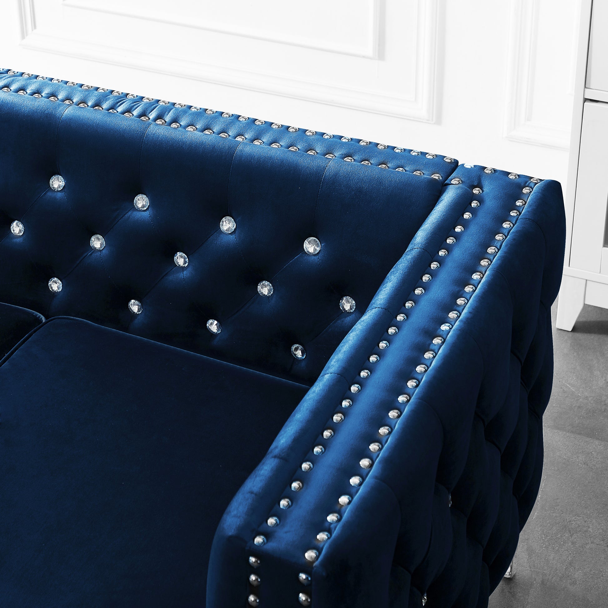 82.3" Width Modern Velvet Sofa Jeweled Buttons Tufted Square Arm Couch Blue,2 Pillows Included Blue Velvet