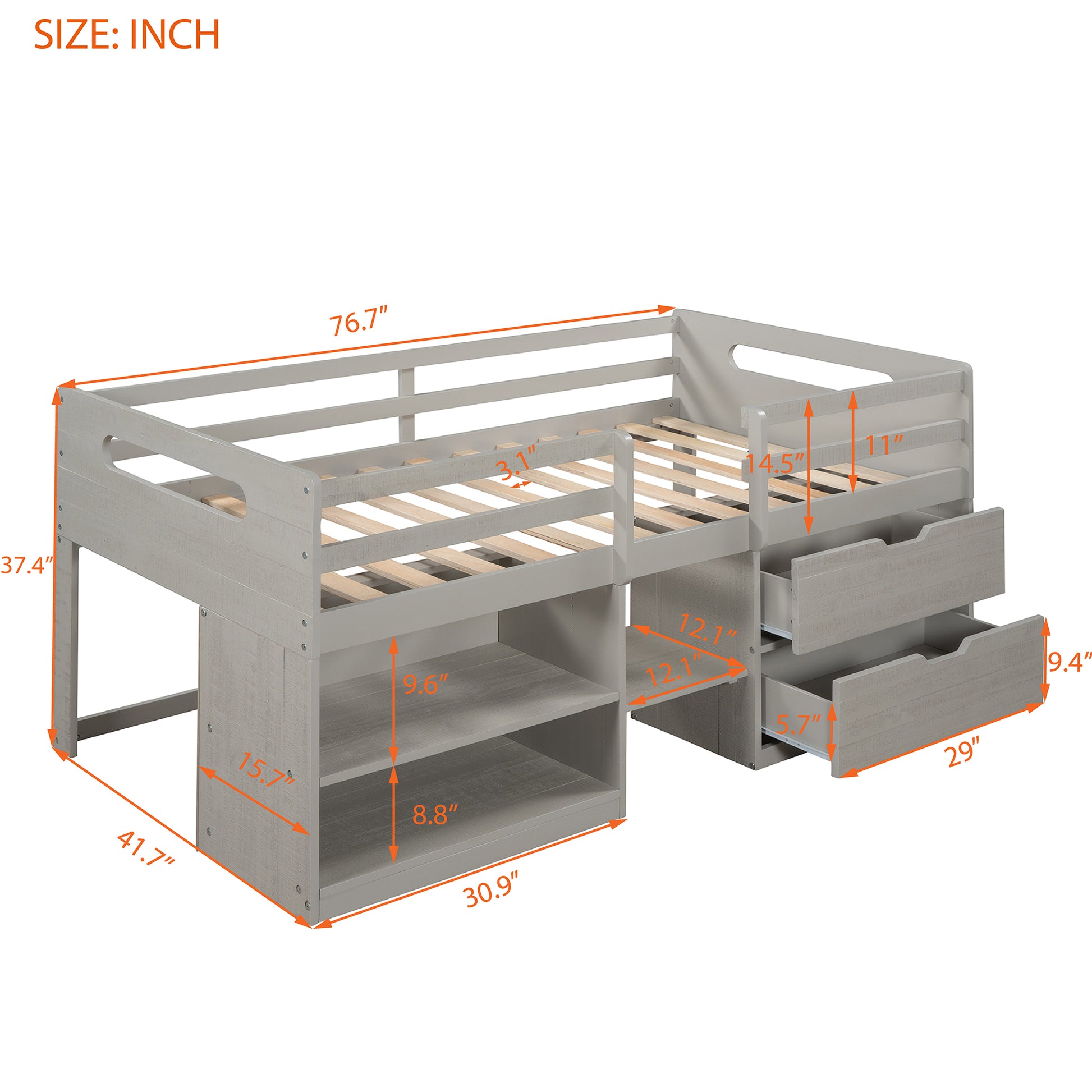 Twin Size Loft Bed With Two Shelves And Two Drawers Antique Gray Antique Gray Solid Wood