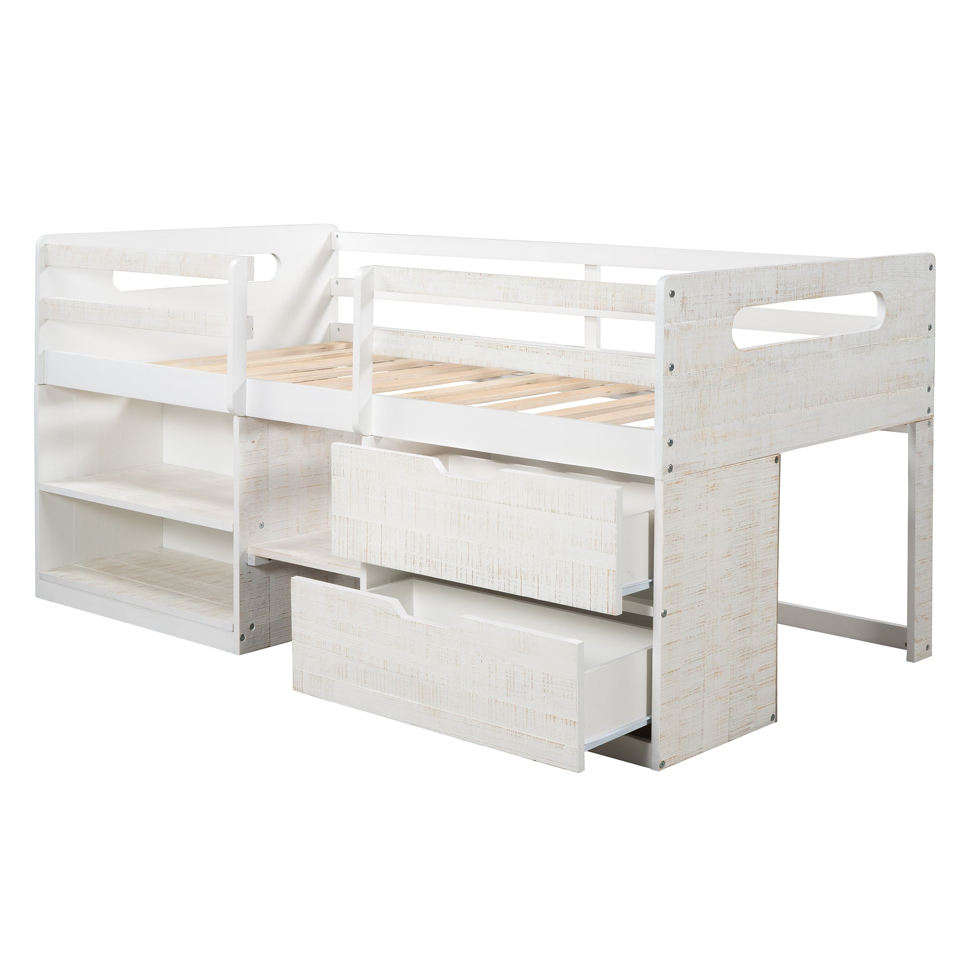 Twin Size Loft Bed With Two Shelves And Two Drawers Antique White Antique White Solid Wood