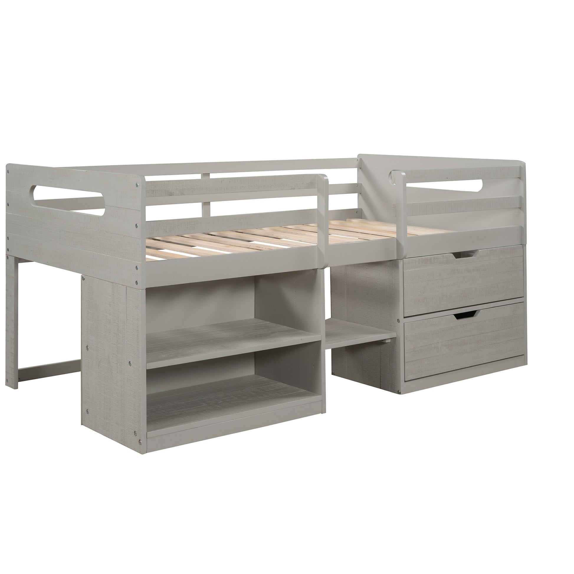 Twin Size Loft Bed With Two Shelves And Two Drawers Antique Gray Antique Gray Solid Wood