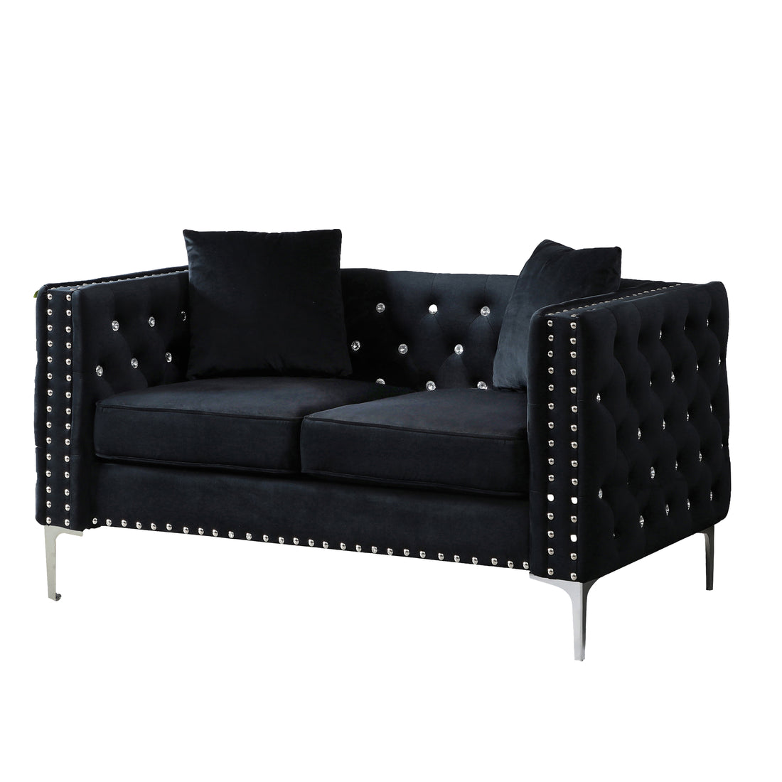 59.4 Inch Wide Black Velvet Sofa With Jeweled Buttons,Square Arm ,2 Pillows Black Velvet