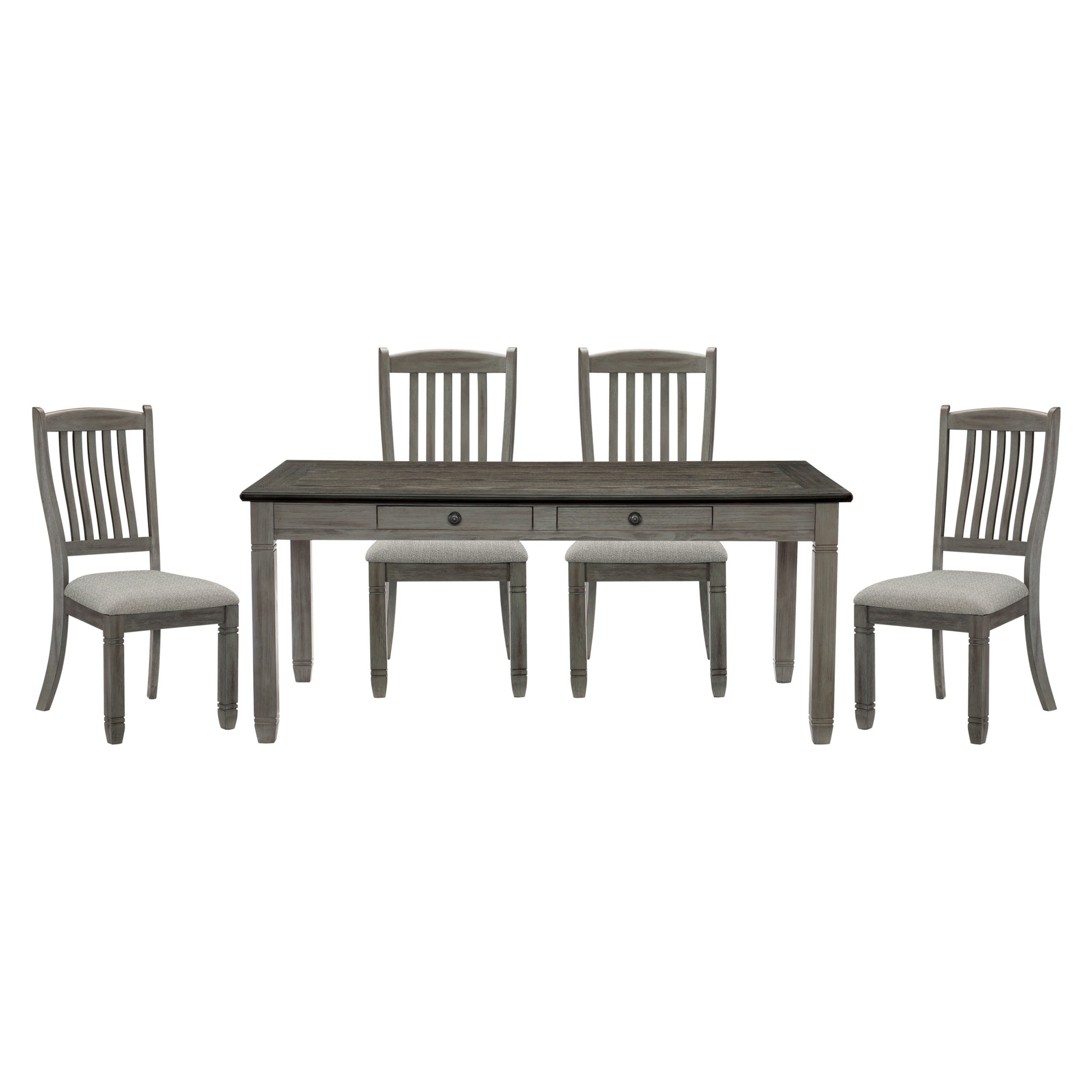 Antique Gray And Coffee Finish 5Pc Dining Set Table W 6X Drawers Upholstered 4X Side Chairs Casual Country Style Dining Room Furniture Wood Wood Antique Gray Seats 4 Wood Dining Room 72 Inches 4 Leg Rectangular Dining Table With Chair Solid Wood