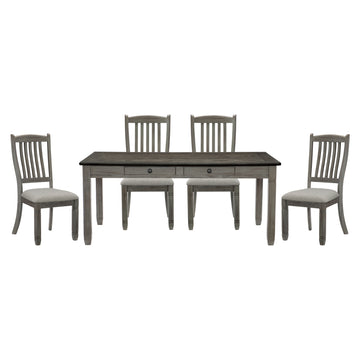 Antique Gray And Coffee Finish 5Pc Dining Set Table W 6X Drawers Upholstered 4X Side Chairs Casual Country Style Dining Room Furniture Wood Wood Antique Gray Seats 4 Wood Dining Room 72 Inches 4 Leg Rectangular Dining Table With Chair Solid Wood