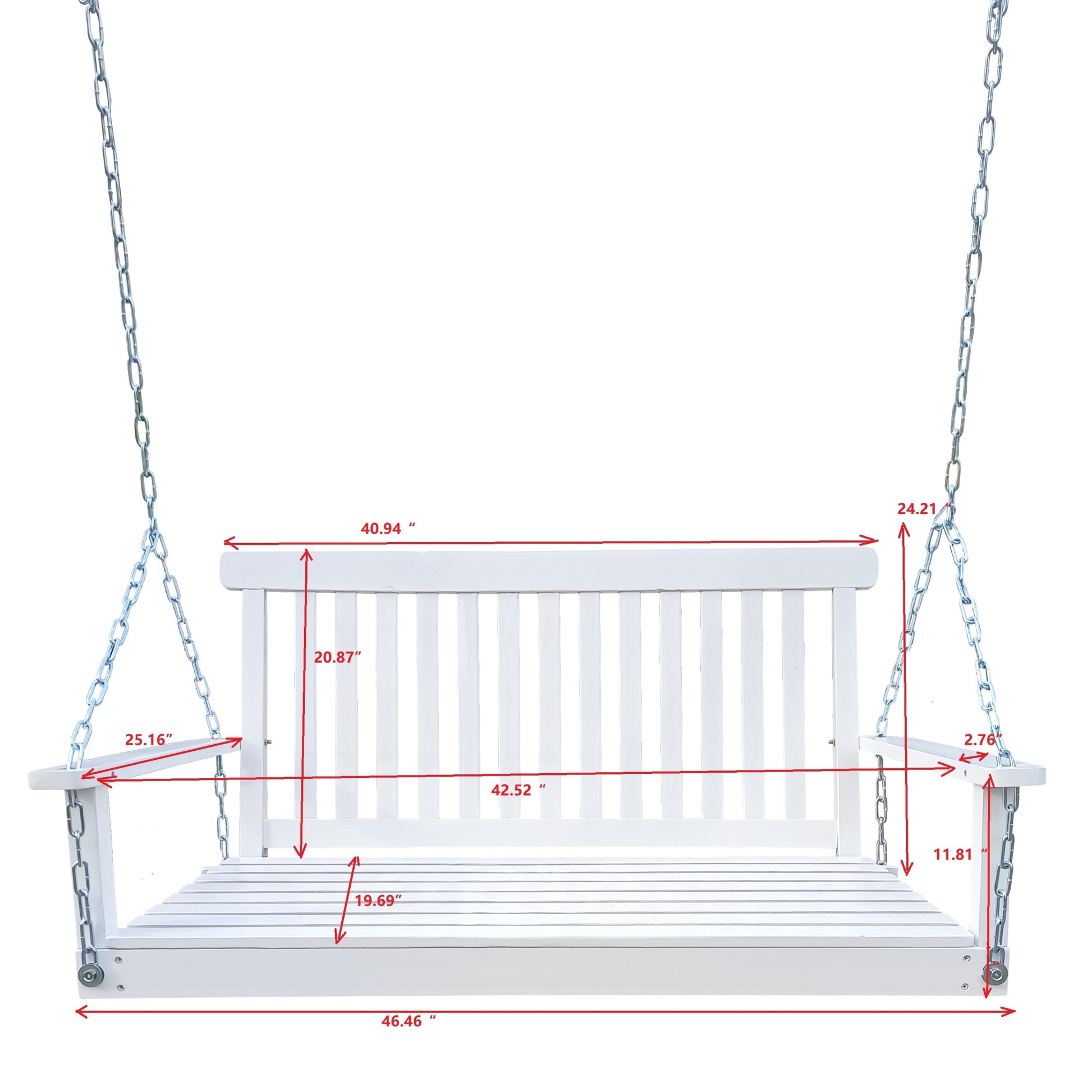 Front Porch Swing With Armrests, Wood Bench Swing With Hanging Chains,For Outdoor Patio ,Garden Yard, Porch, Backyard, Or Sunroom,Easy To Assemble,White White Solid Wood