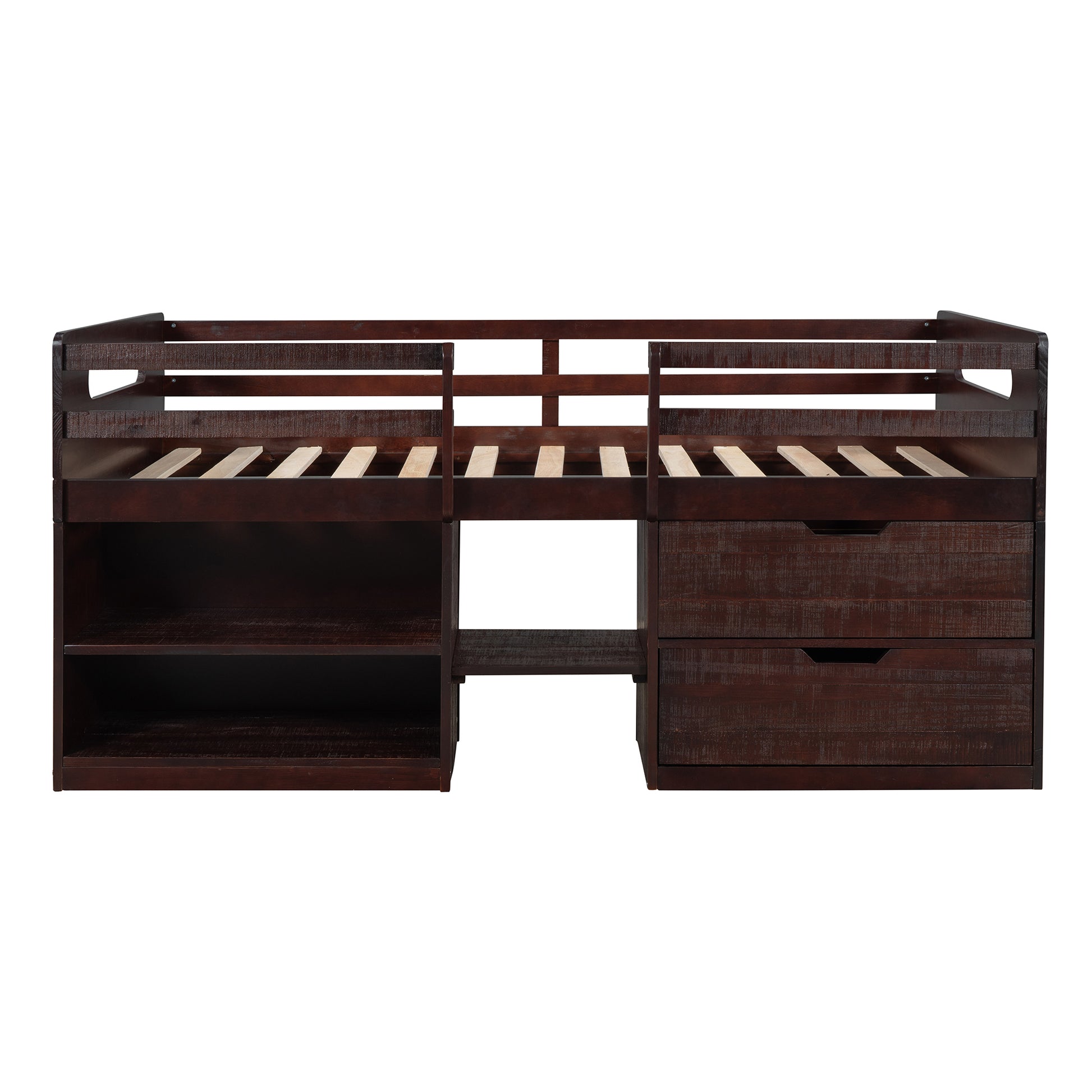 Twin Size Loft Bed With Two Shelves And Two Drawers Antique Espresso Antique Espresso Solid Wood