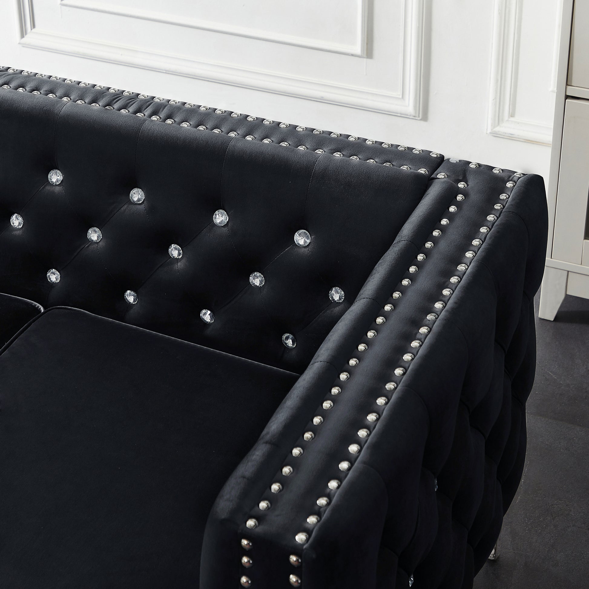 82.3" Width Modern Velvet Sofa Jeweled Buttons Tufted Square Arm Couch Black,2 Pillows Included Black Velvet