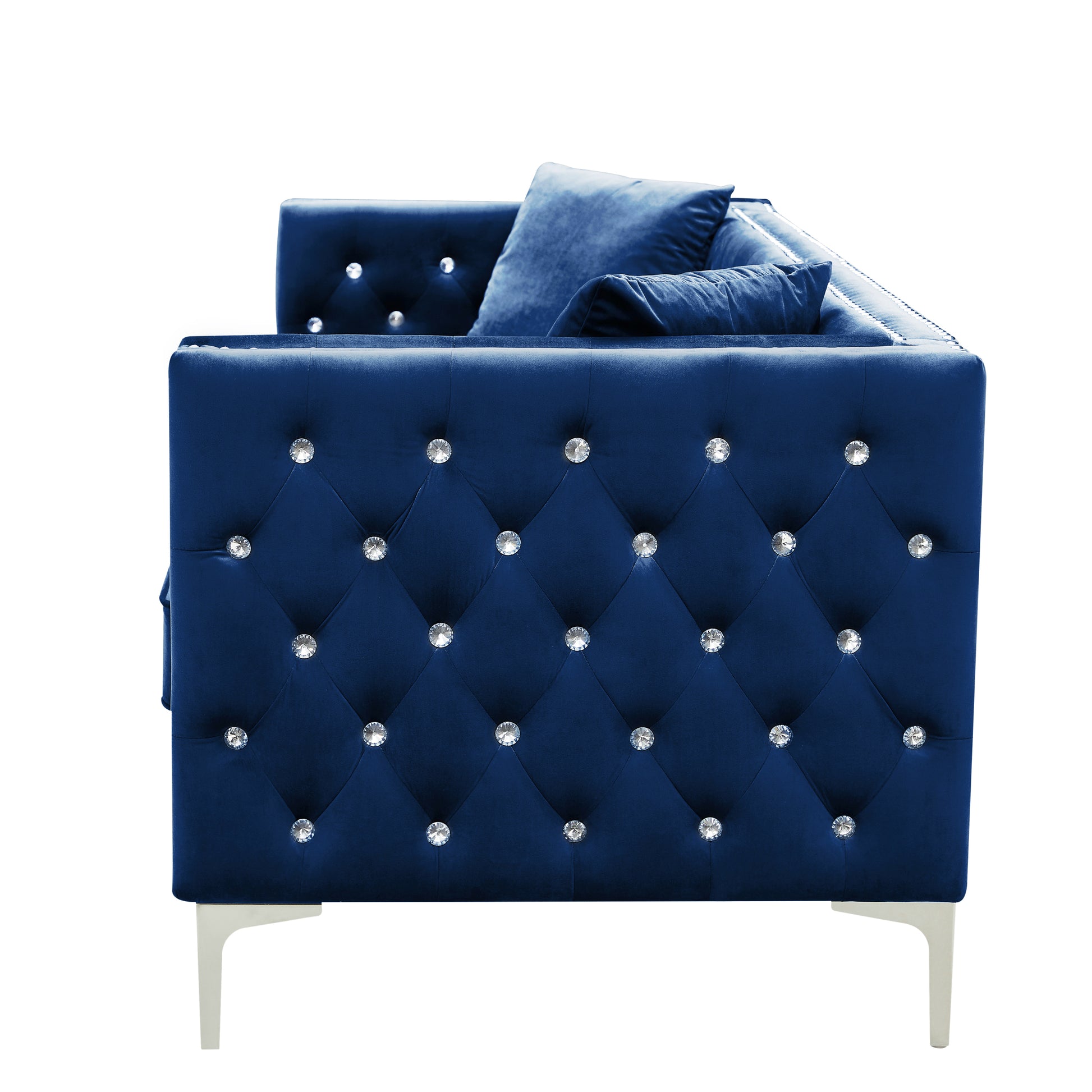 82.3" Width Modern Velvet Sofa Jeweled Buttons Tufted Square Arm Couch Blue,2 Pillows Included Blue Velvet