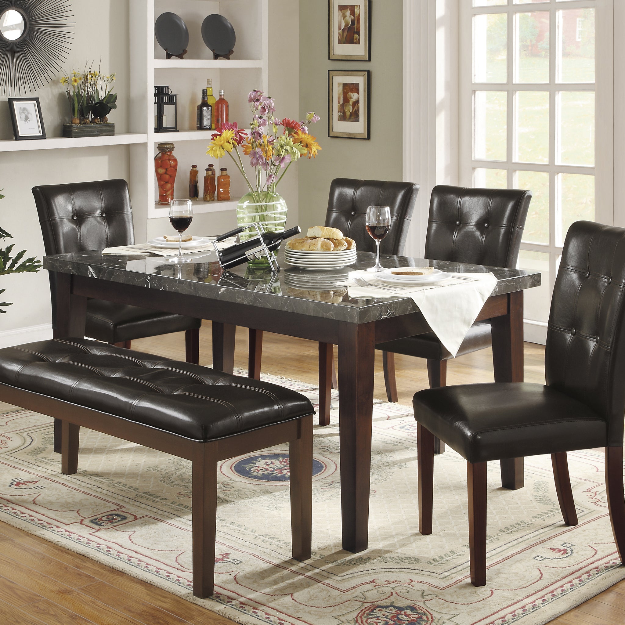 Dark Cherry Finish Wooden 6Pc Dining Set Marble Top Table With 4 Side Chairs Bench Seating Dark Brown Faux Leather Upholstered Dining Kitchen Furniture Set Wood Marble Dark Brown Seats 6 Wood Dining Room Classic,Transitional 4 Leg Rectangular Dining