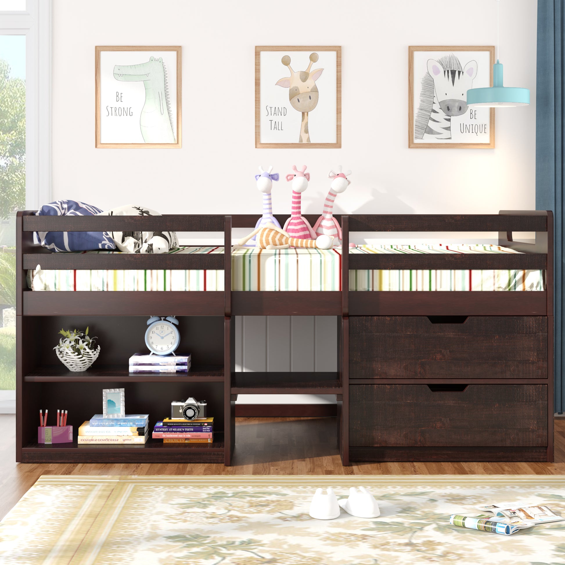 Twin Size Loft Bed With Two Shelves And Two Drawers Antique Espresso Antique Espresso Solid Wood