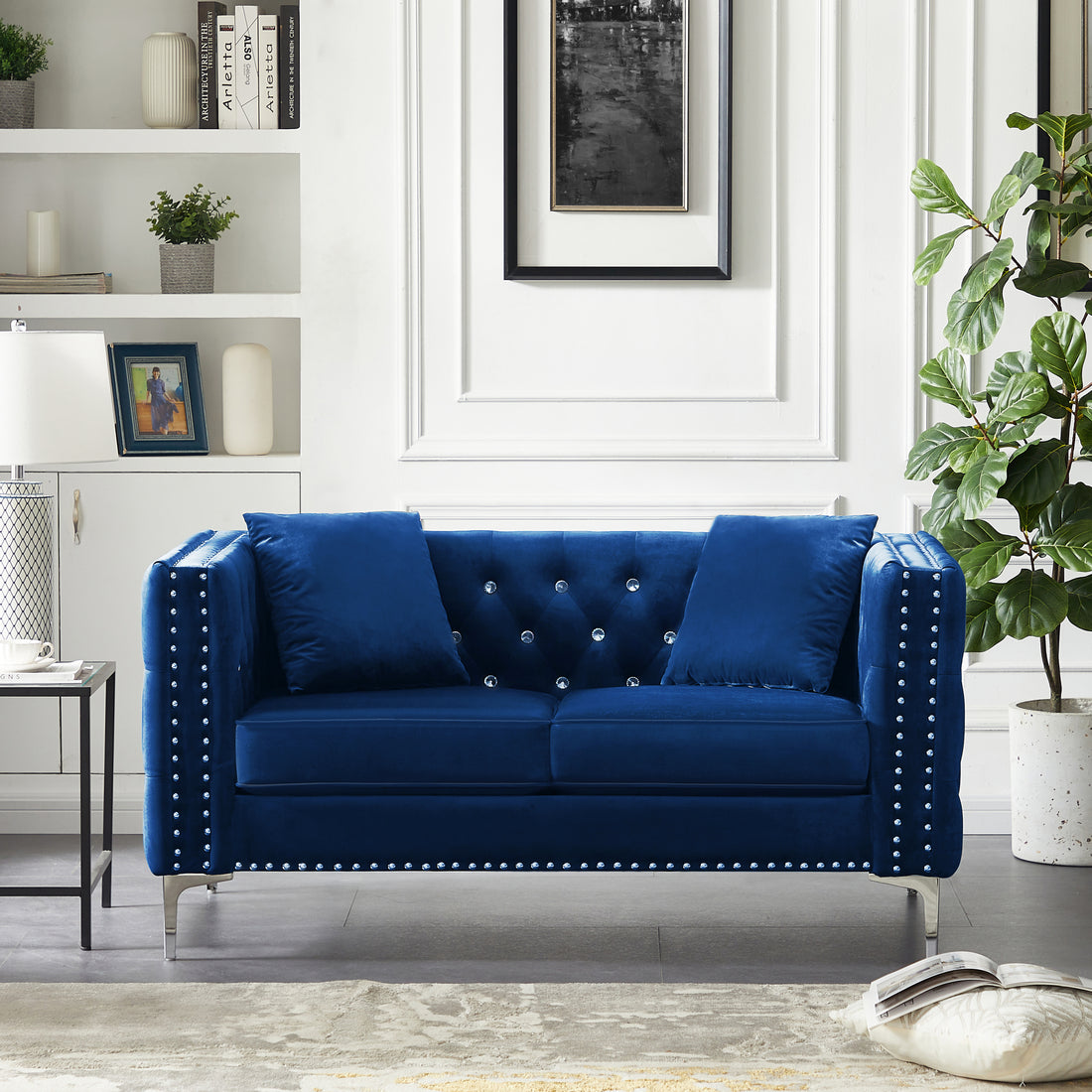 59.4 Inch Wide Blue Velvet Sofa With Jeweled Buttons,Square Arm ,2 Pillows Blue Velvet