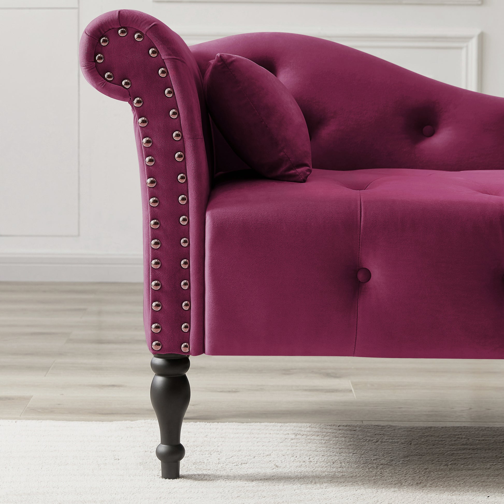 Aijia 60.6" Velvet Chaise Lounge Buttons Tufted Trimmed Solid Wood Legs With 1 Pillow,Burdy Left Arm Design As Shown In The Picture Burgundy Velvet