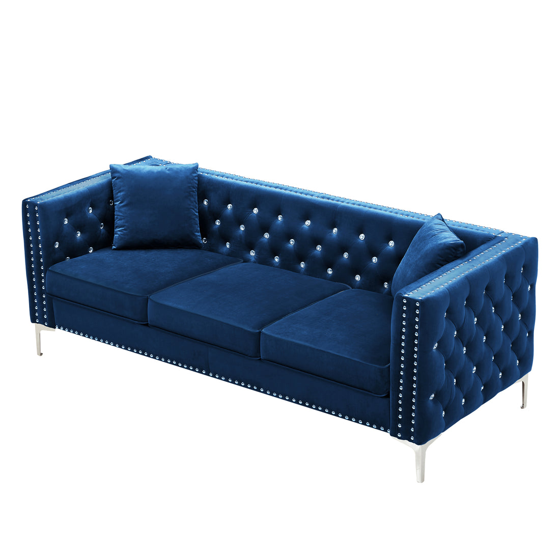 82.3" Width Modern Velvet Sofa Jeweled Buttons Tufted Square Arm Couch Blue,2 Pillows Included Blue Velvet