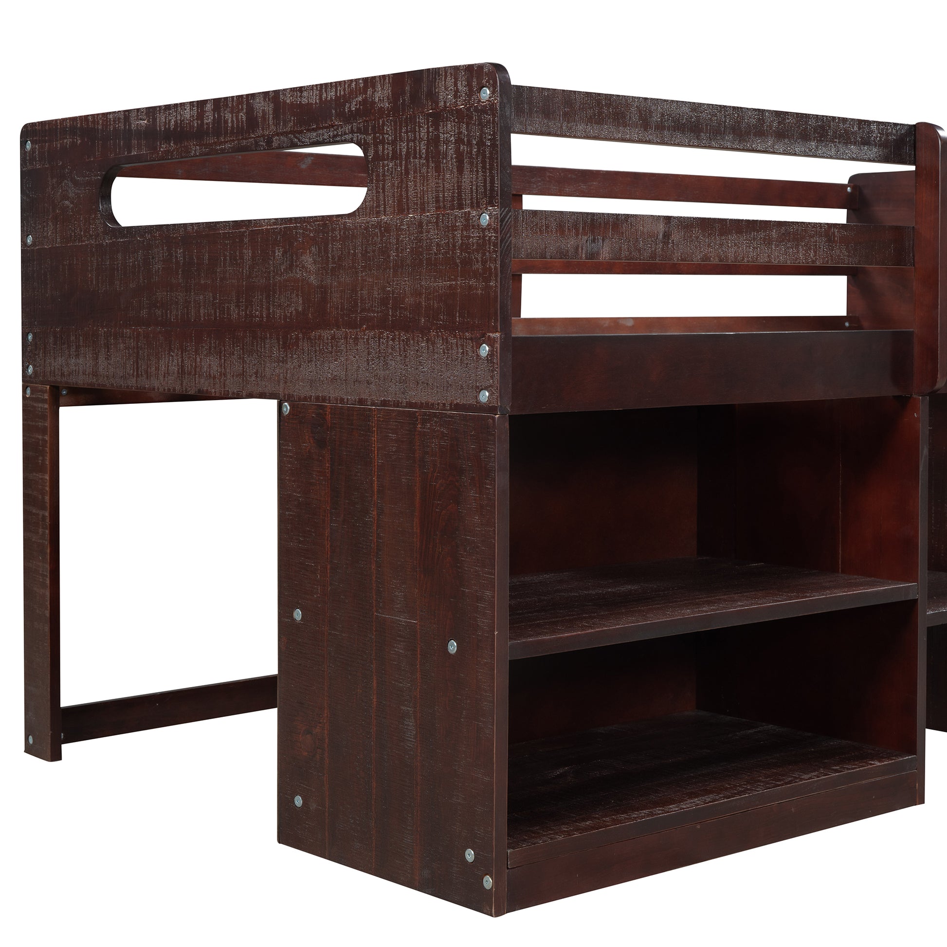 Twin Size Loft Bed With Two Shelves And Two Drawers Antique Espresso Antique Espresso Solid Wood