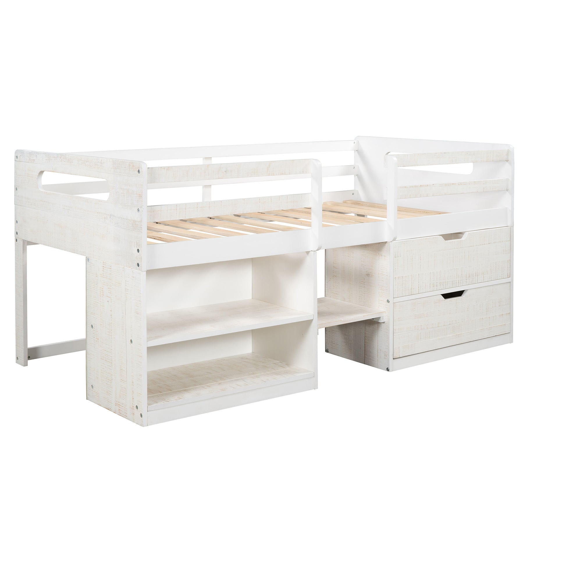 Twin Size Loft Bed With Two Shelves And Two Drawers Antique White Antique White Solid Wood