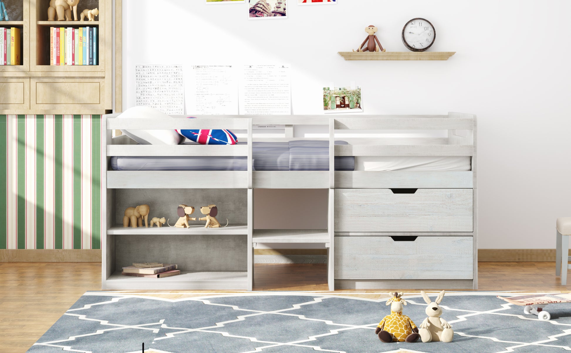 Twin Size Loft Bed With Two Shelves And Two Drawers Antique White Antique White Solid Wood