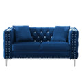 59.4 Inch Wide Blue Velvet Sofa With Jeweled Buttons,Square Arm ,2 Pillows Blue Velvet