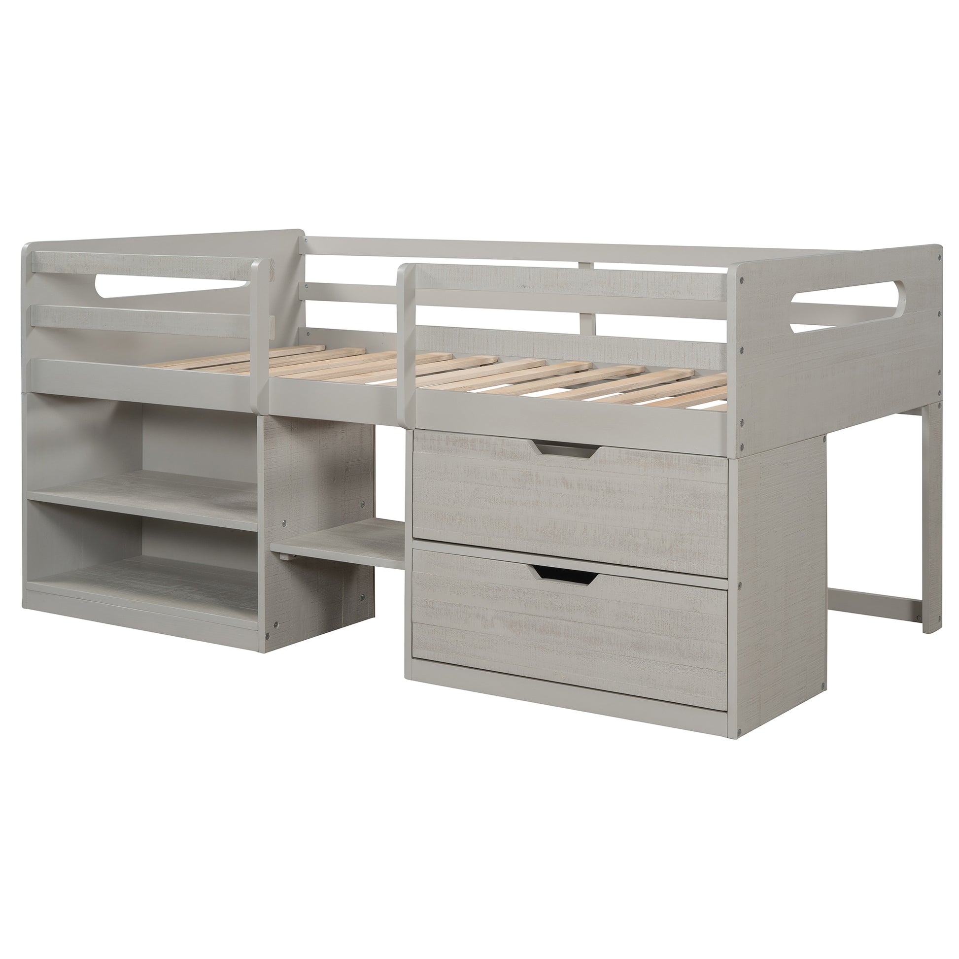 Twin Size Loft Bed With Two Shelves And Two Drawers Antique Gray Antique Gray Solid Wood