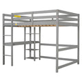 Full Loft Bed With Desk ,Shelves And Ladder, Grey Grey Pine