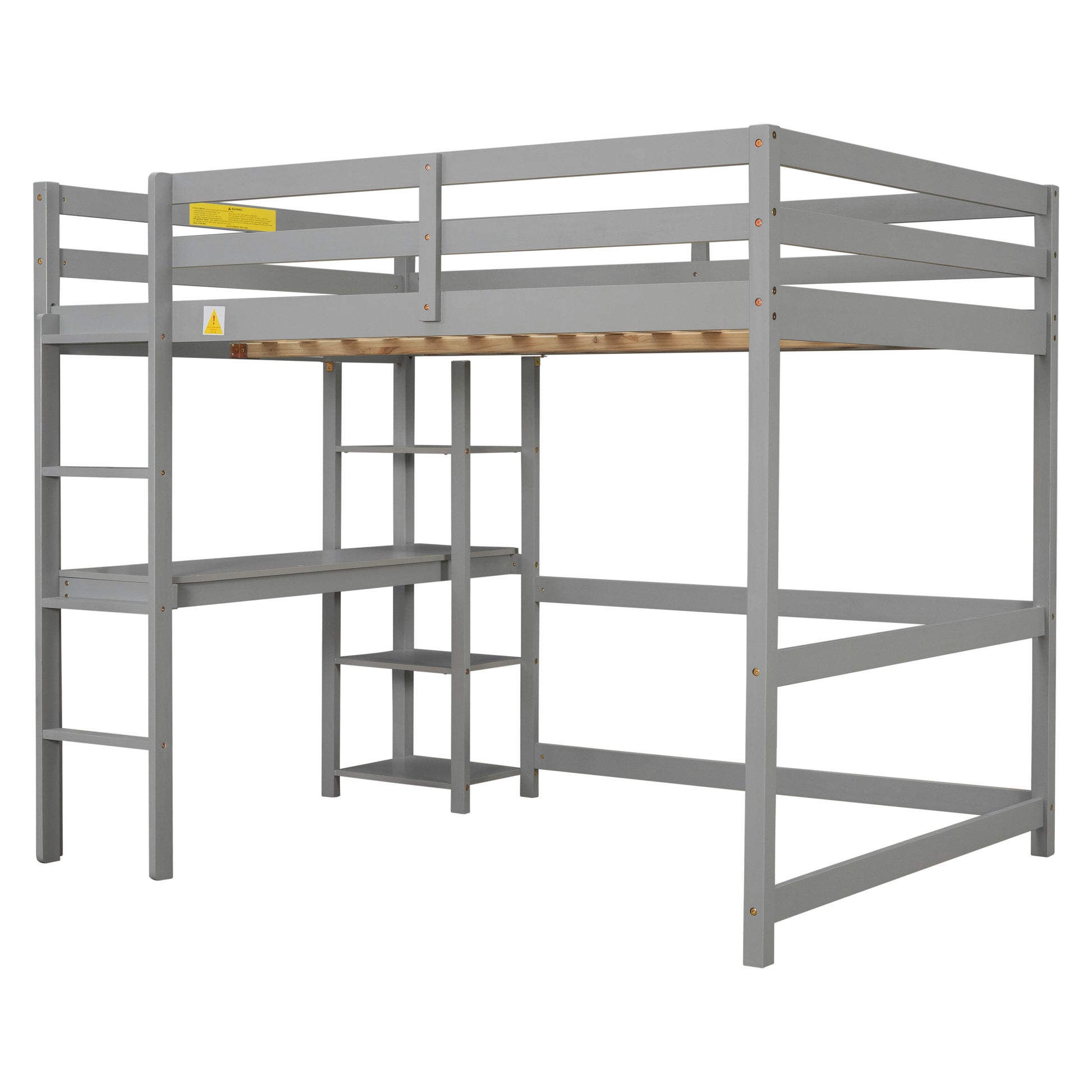 Full Loft Bed With Desk ,Shelves And Ladder, Grey Grey Pine