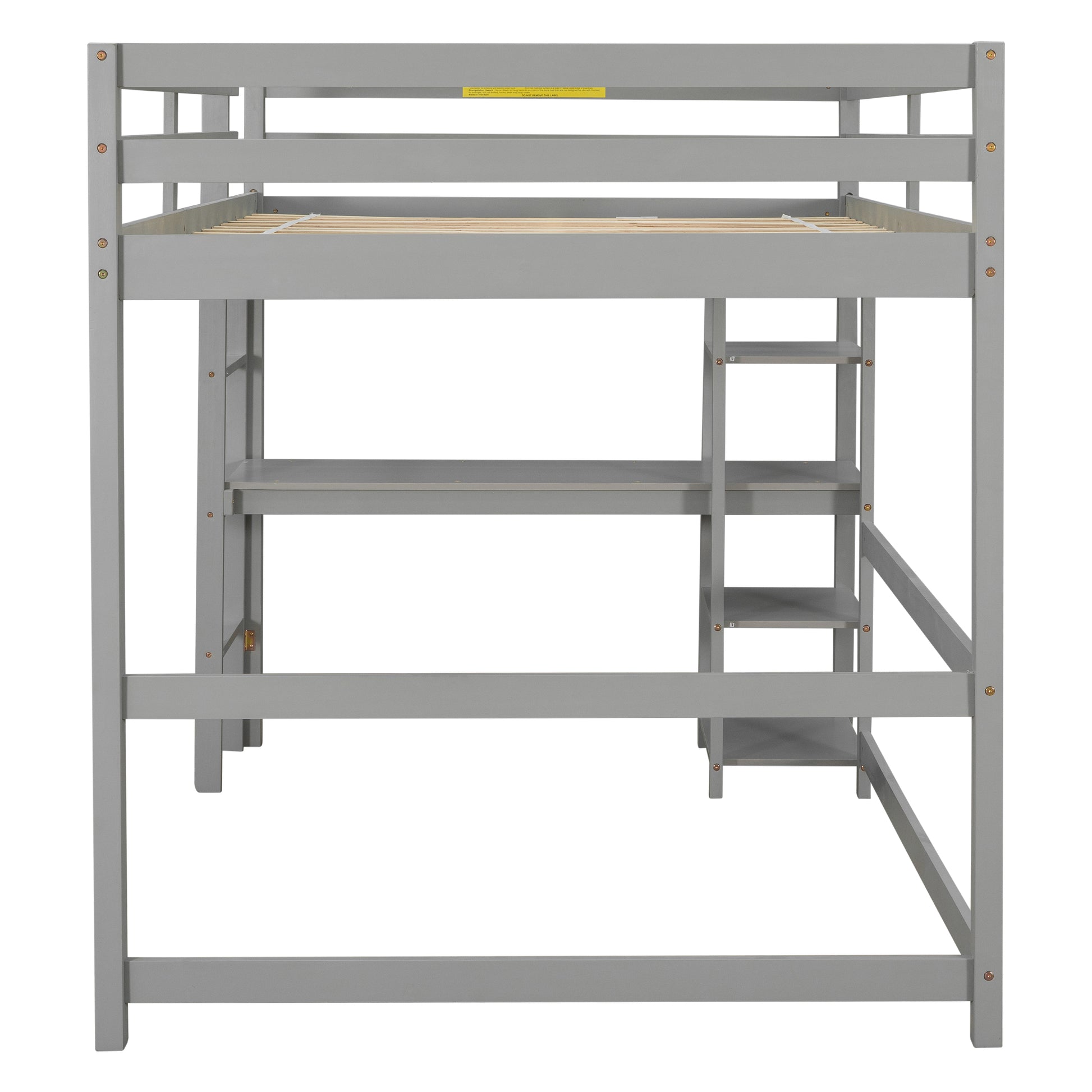 Full Loft Bed With Desk ,Shelves And Ladder, Grey Grey Pine