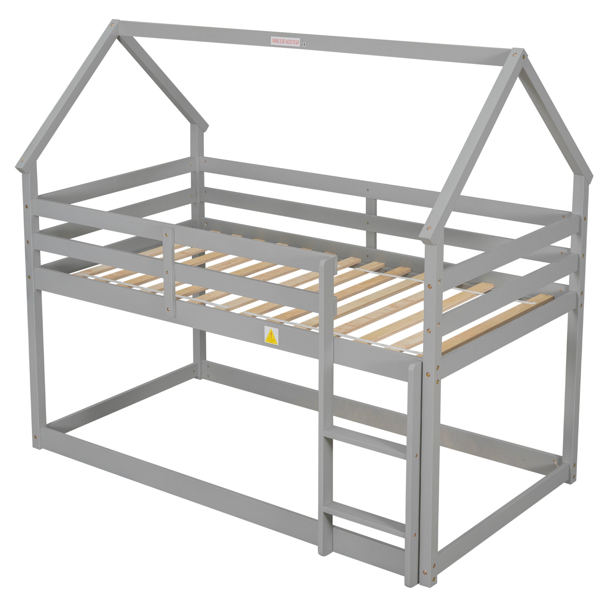 Twin Over Twin Loft Bed With Roof Design, Safety Guardrail, Ladder, Grey Grey Pine