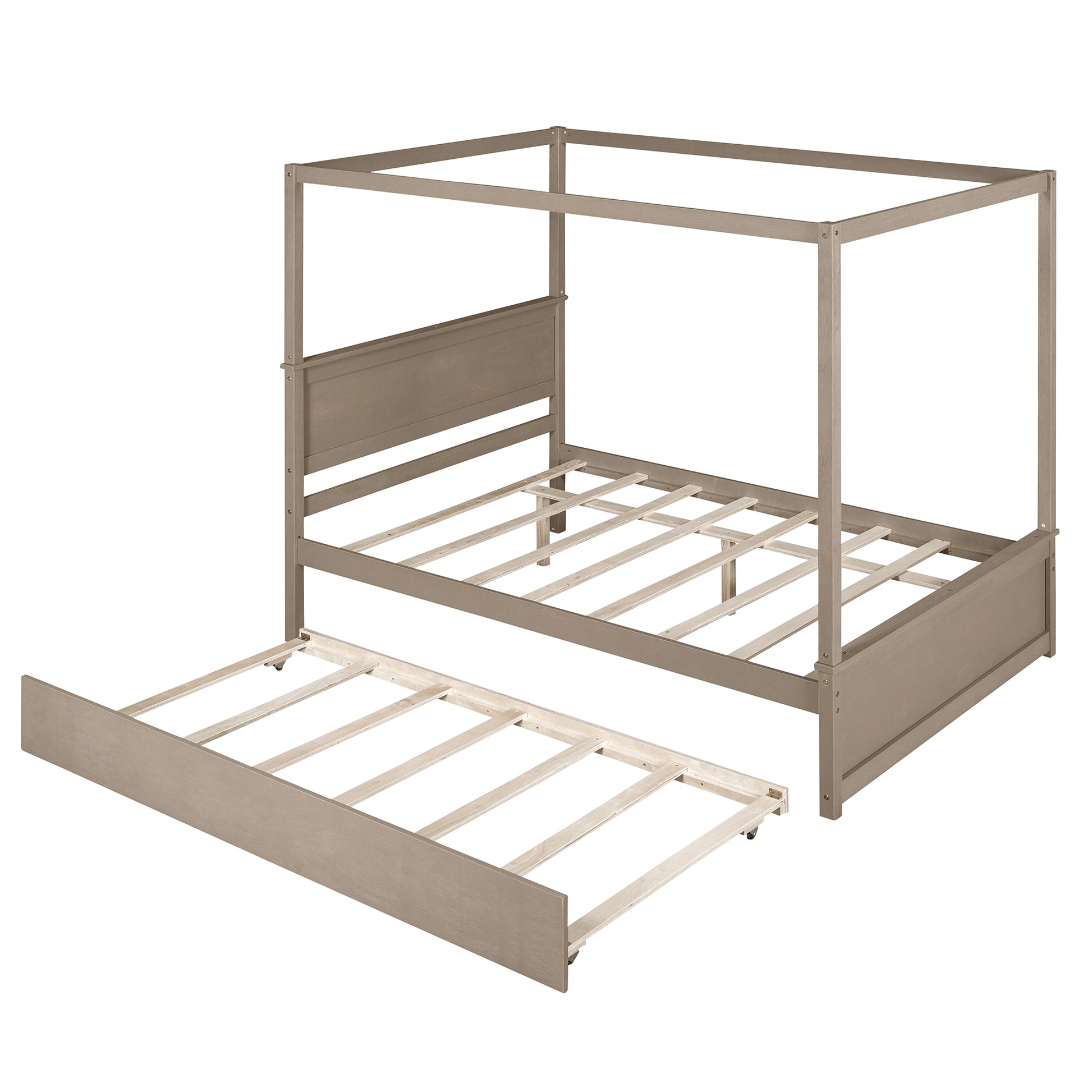 Wood Canopy Bed With Trundle Bed ,Full Size Canopy Platform Bed With Support Slats .No Box Spring Needed, Brushed Light Brown Light Brown Solid Wood