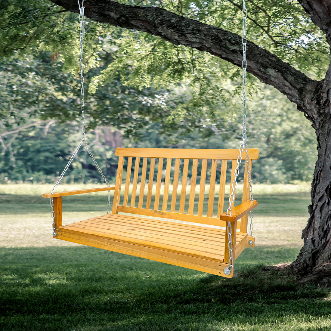 Front Porch Swing With Armrests, Wood Bench Swing With Hanging Chains,For Outdoor Patio ,Garden Yard, Porch, Backyard, Or Sunroom,Easy To Assemble,Teak Teak Solid Wood