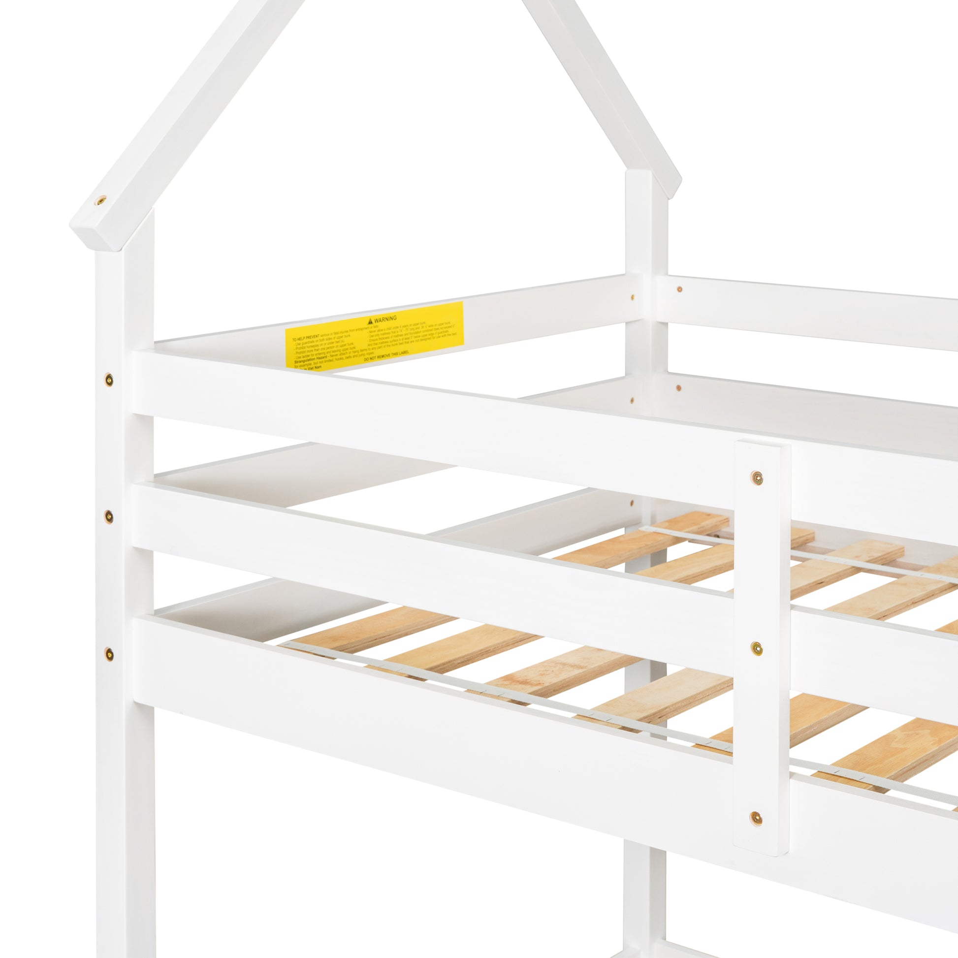 Twin Over Twin Loft Bed With Roof Design, Safety Guardrail, Ladder, White White Pine