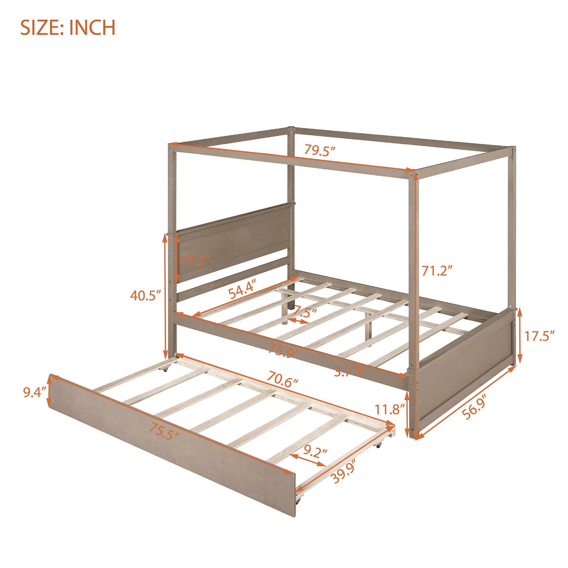 Wood Canopy Bed With Trundle Bed ,Full Size Canopy Platform Bed With Support Slats .No Box Spring Needed, Brushed Light Brown Light Brown Solid Wood