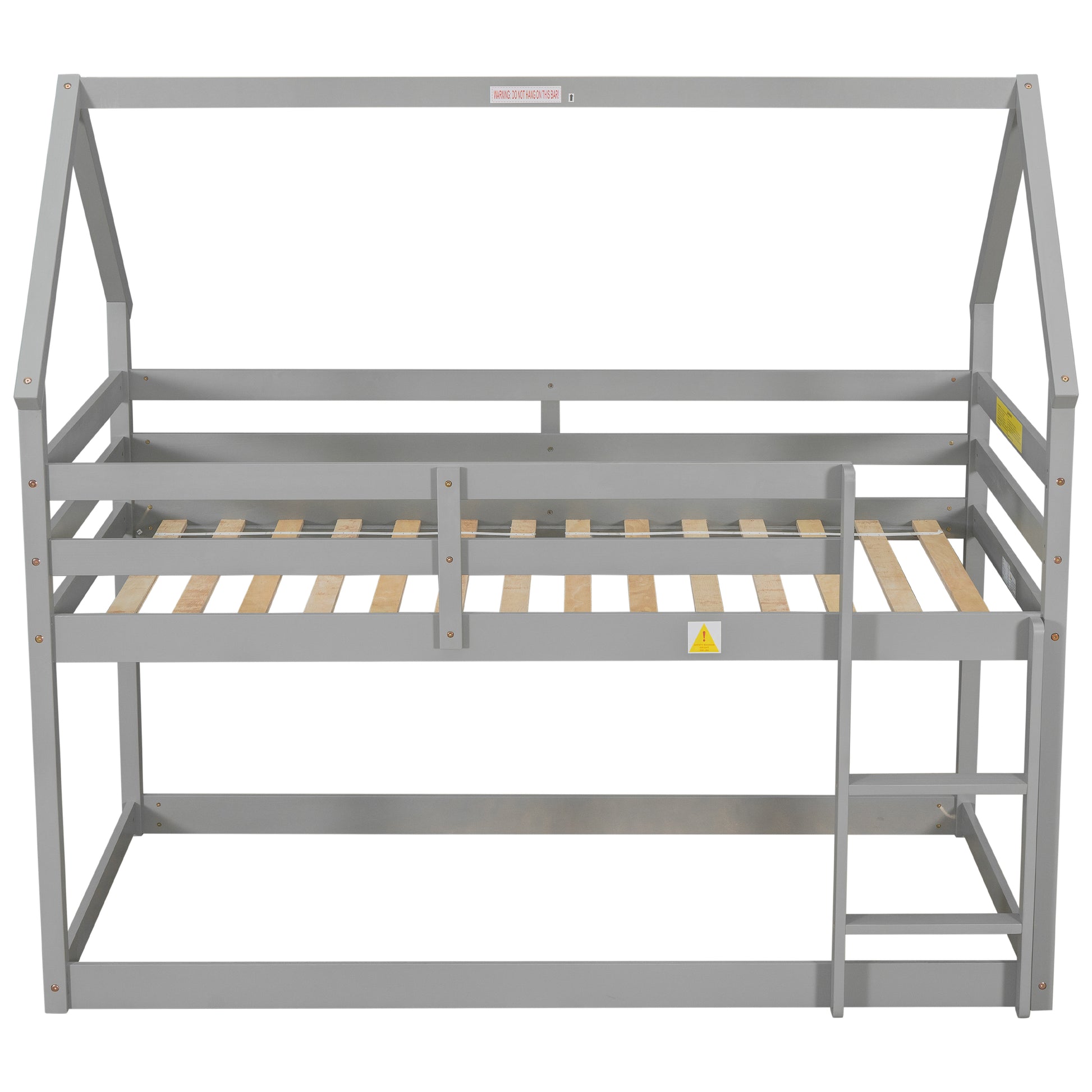 Twin Over Twin Loft Bed With Roof Design, Safety Guardrail, Ladder, Grey Grey Pine