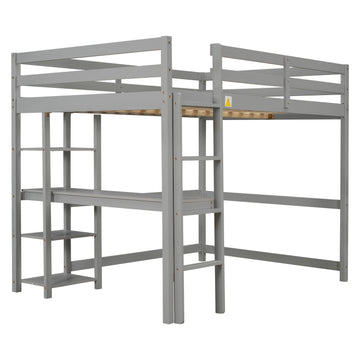 Full Loft Bed With Desk ,Shelves And Ladder, Grey Grey Pine