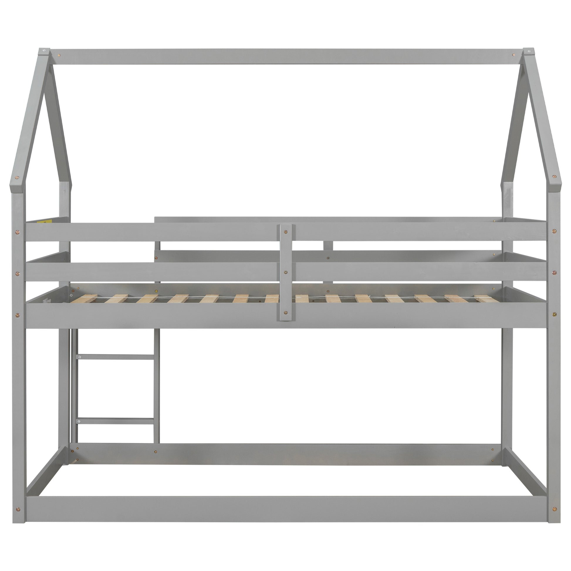 Twin Over Twin Loft Bed With Roof Design, Safety Guardrail, Ladder, Grey Grey Pine