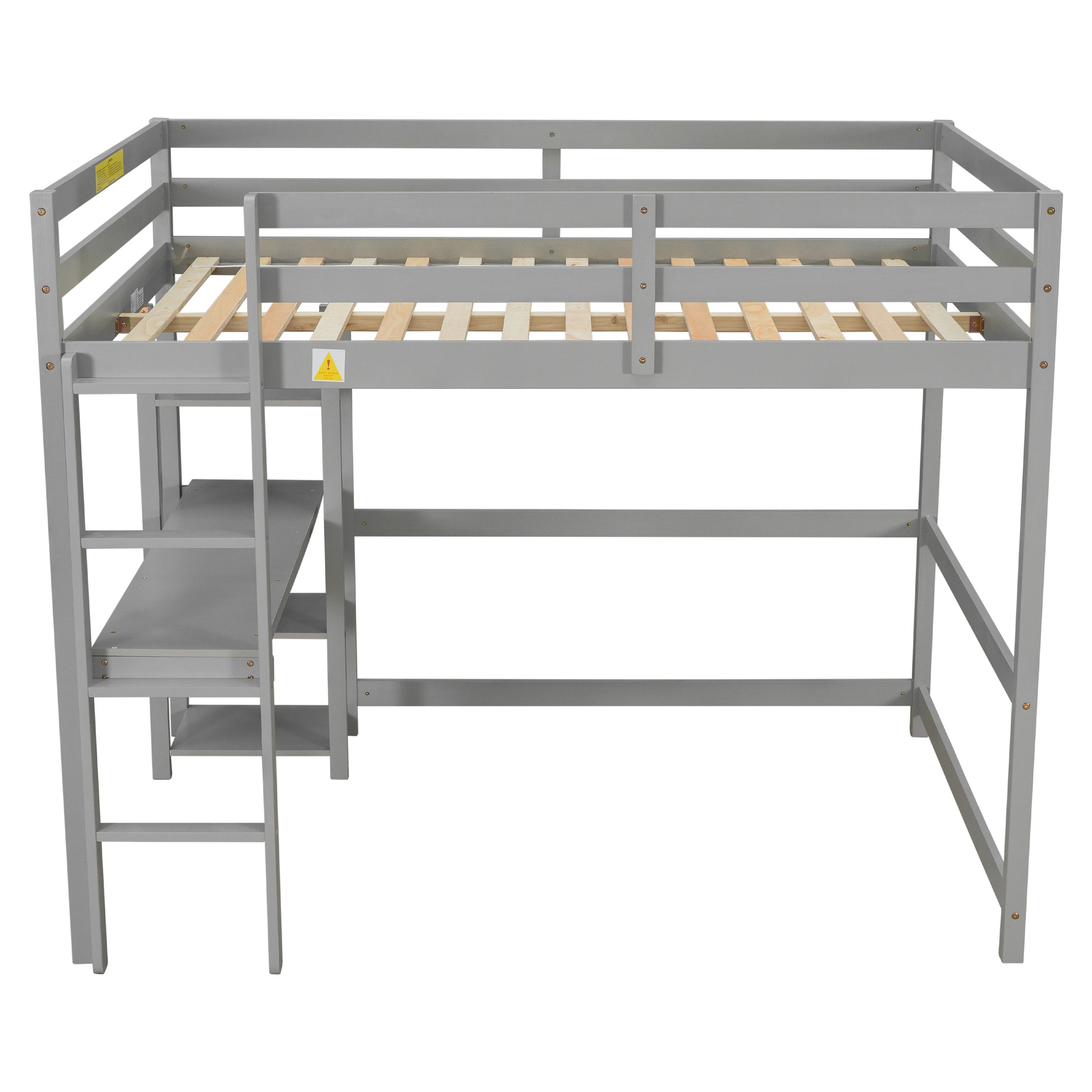 Full Loft Bed With Desk ,Shelves And Ladder, Grey Grey Pine