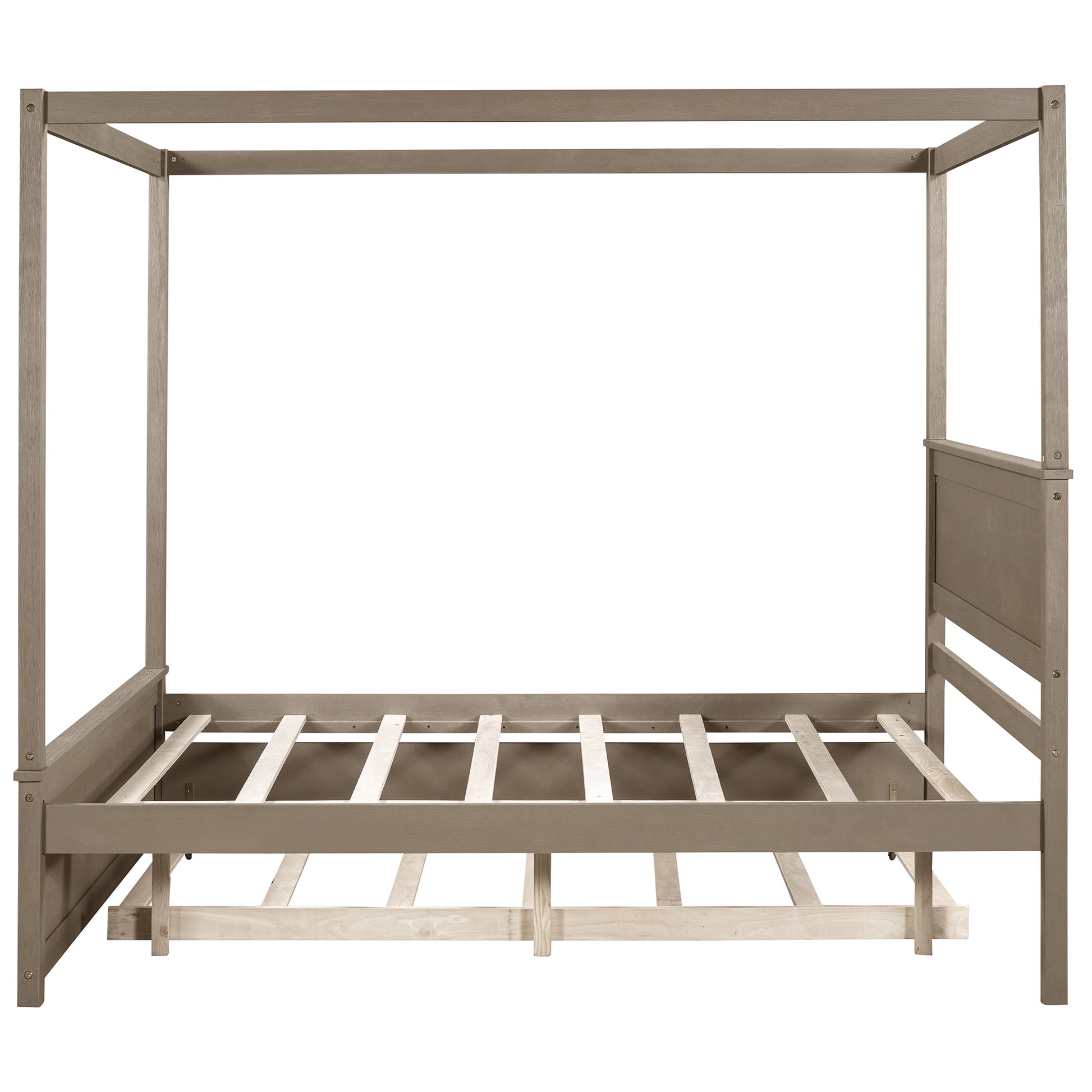 Wood Canopy Bed With Trundle Bed ,Full Size Canopy Platform Bed With Support Slats .No Box Spring Needed, Brushed Light Brown Light Brown Solid Wood