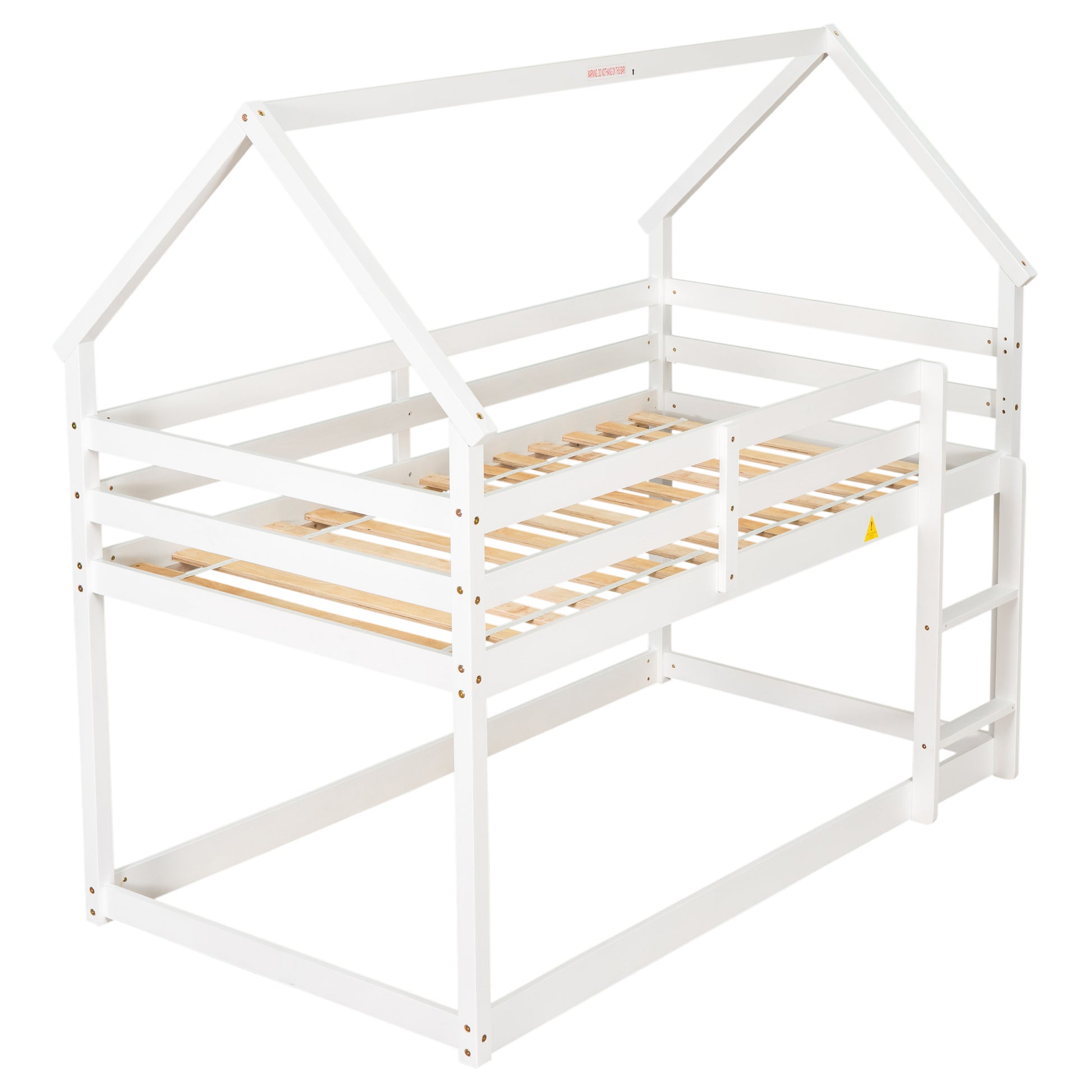 Twin Over Twin Loft Bed With Roof Design, Safety Guardrail, Ladder, White White Pine